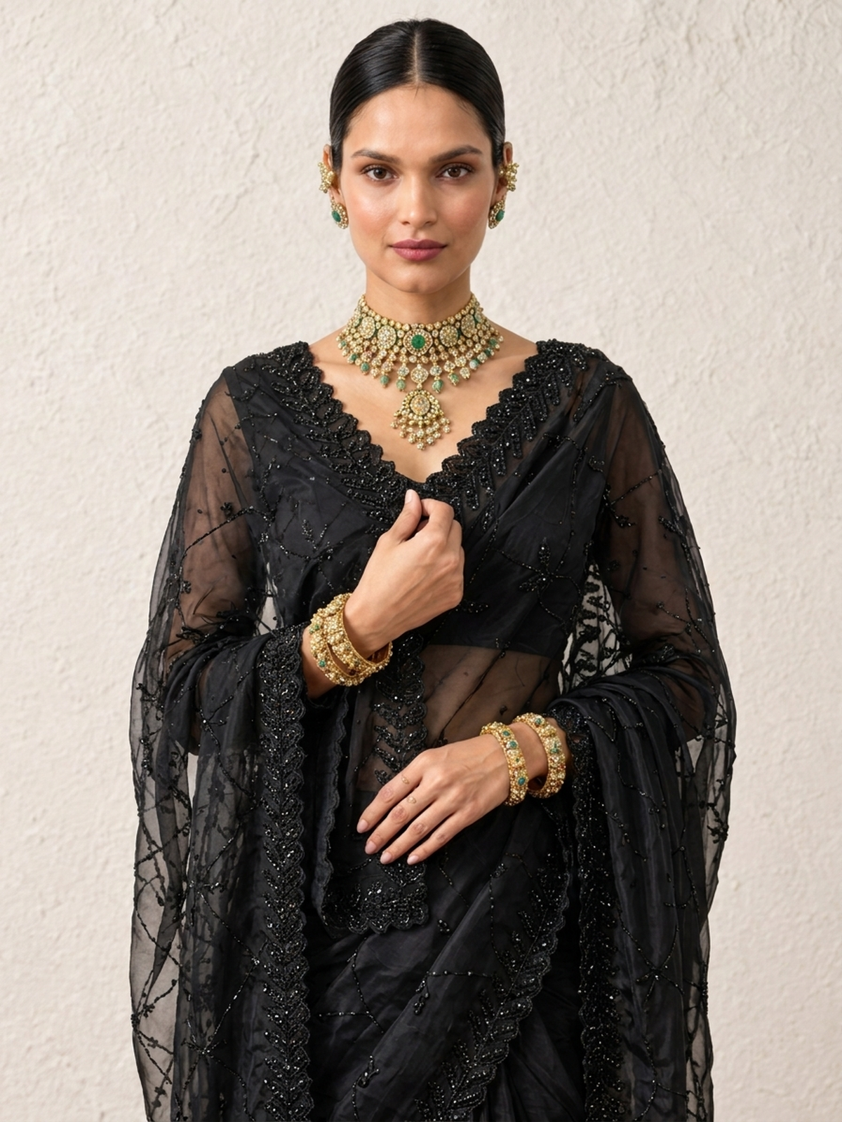 Black On Black Hand Beaded Cut Dana Saree with Leaf Edge and Beaded Matching Blouse Fabric