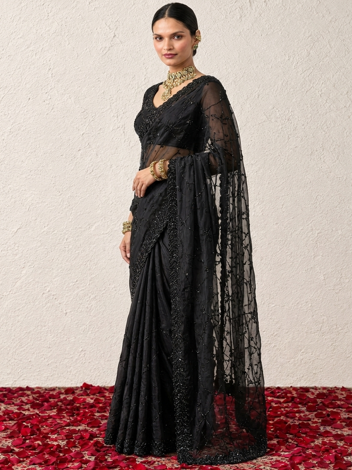 Black On Black Hand Beaded Cut Dana Saree with Leaf Edge and Beaded Matching Blouse Fabric