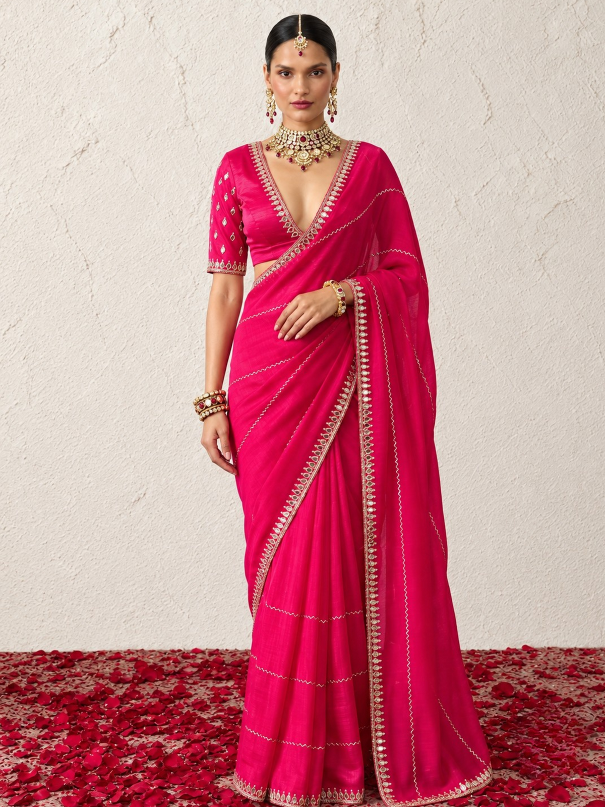 Red Metallic Satin Mirror Striped Hand Beaded Saree with Border and Matching Blouse Fabric