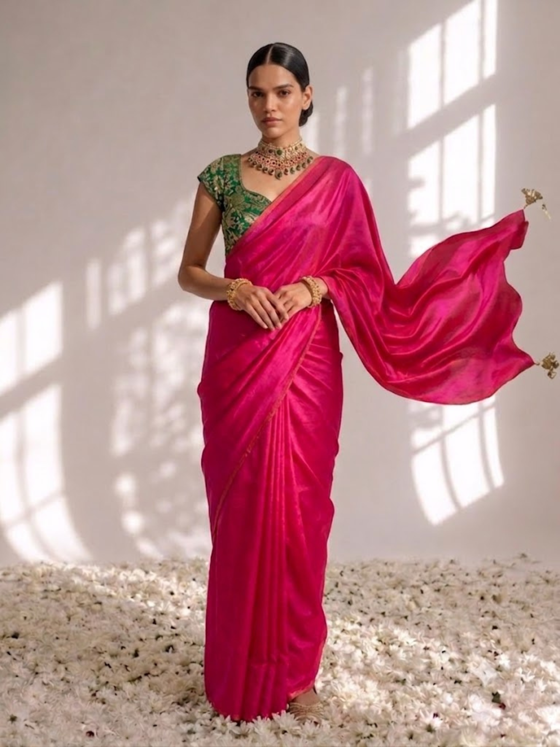 With Stitched Blouse - Green Brocade Blouse with Fuchsia Pink Dual Tone  Satin Saree (Blouse has sleeve attached)