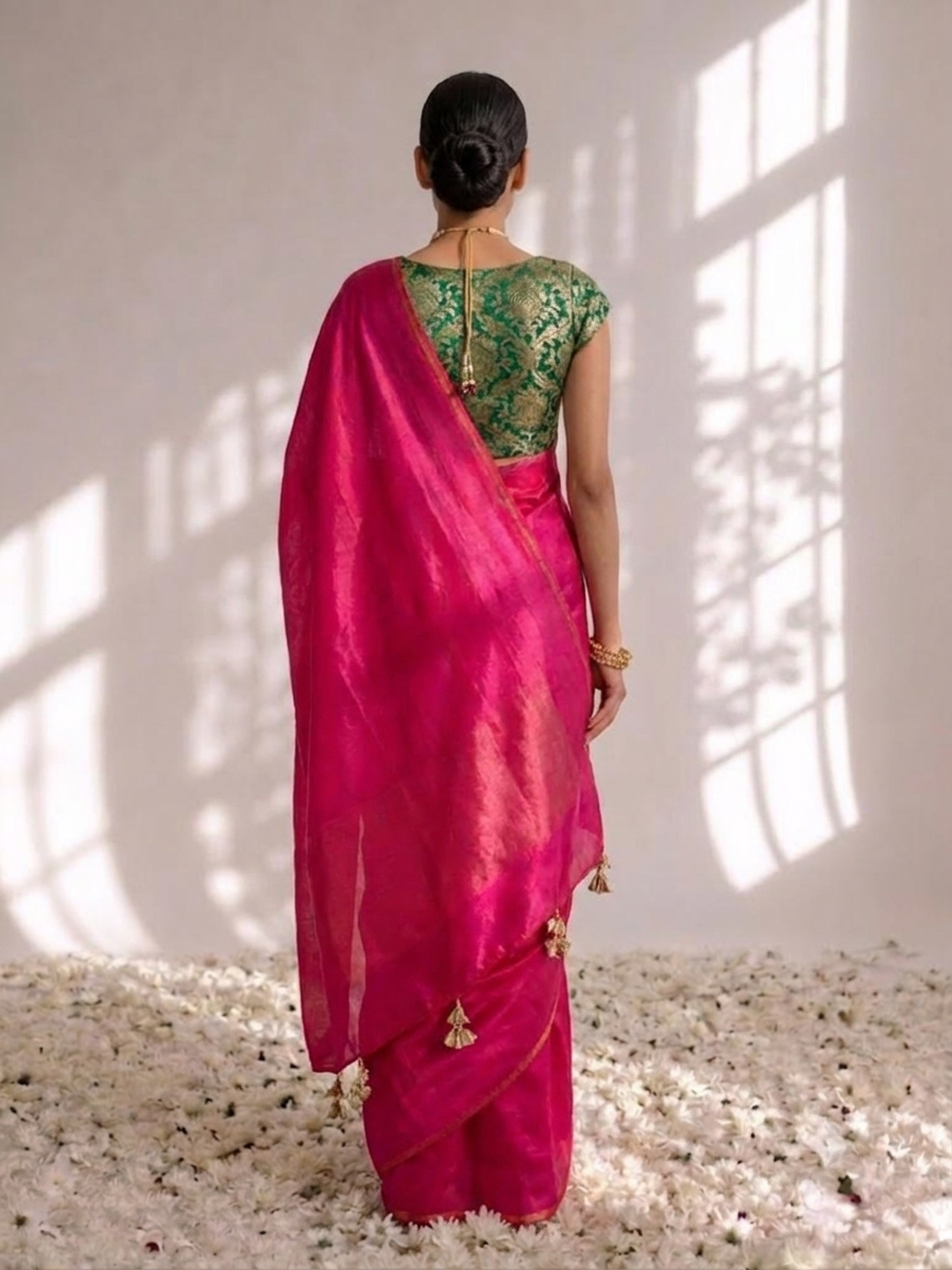 With Stitched Blouse - Green Brocade Blouse with Fuchsia Pink Dual Tone  Satin Saree (Blouse has sleeve attached)