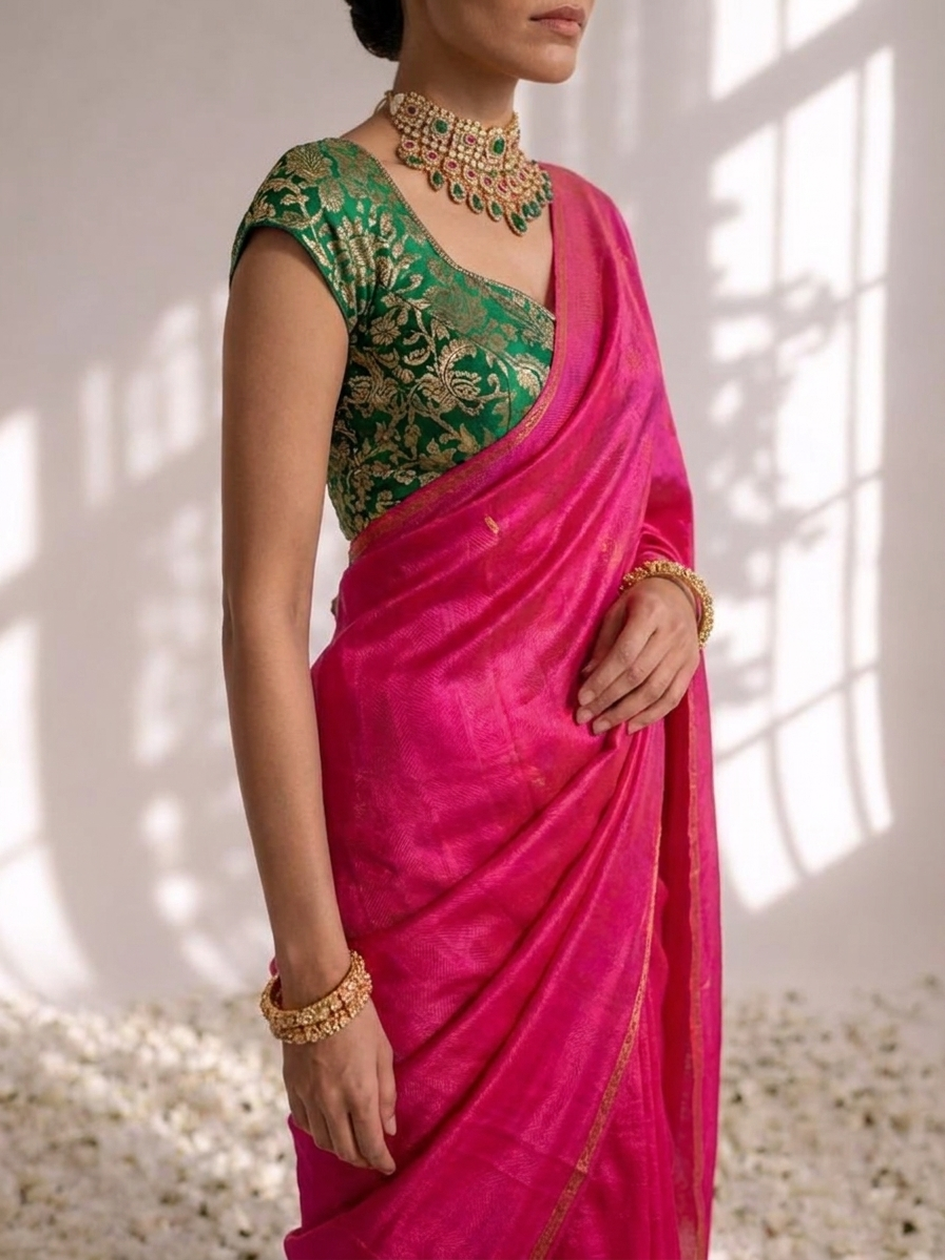 With Stitched Blouse - Green Brocade Blouse with Fuchsia Pink Dual Tone  Satin Saree (Blouse has sleeve attached)