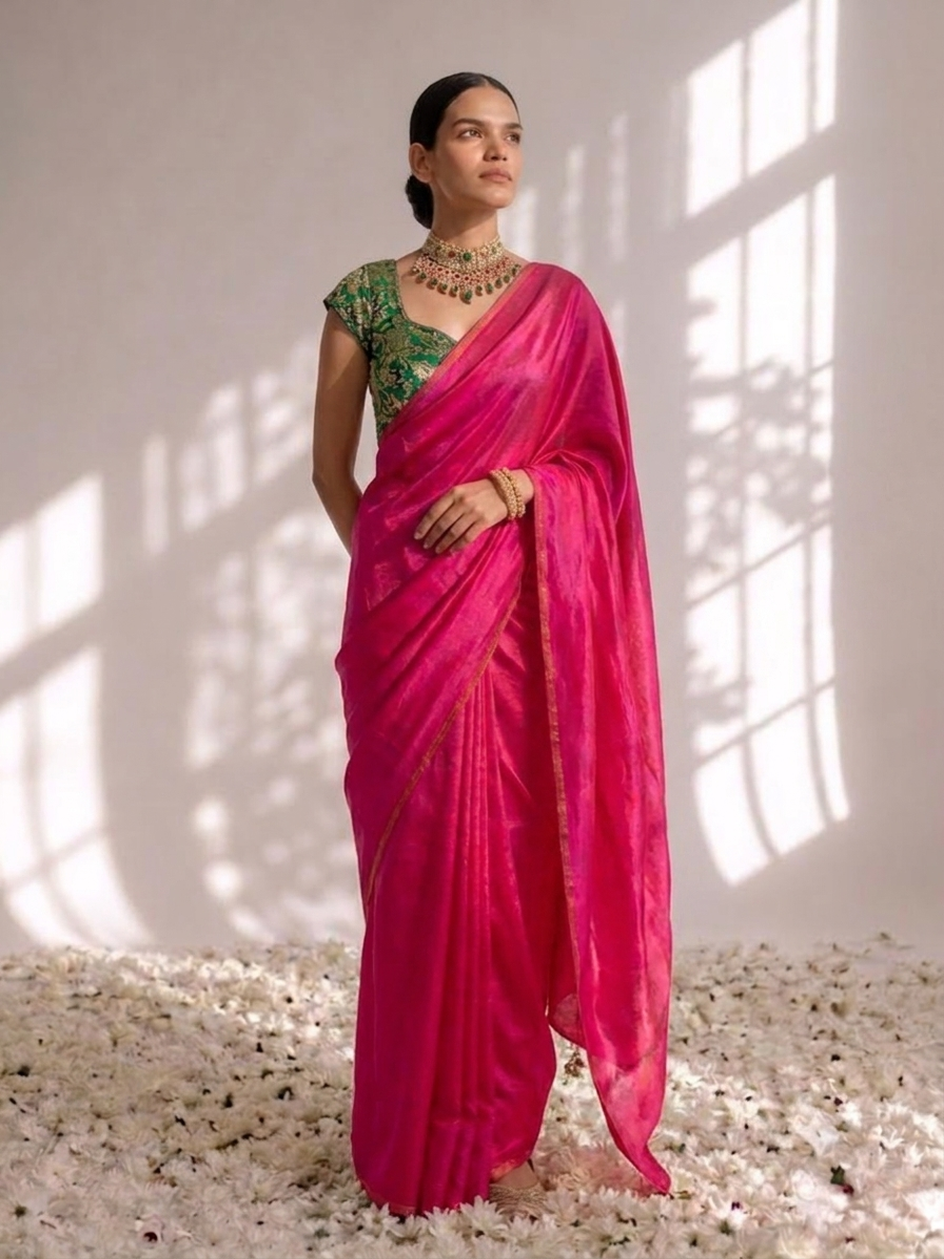 With Stitched Blouse - Green Brocade Blouse with Fuchsia Pink Dual Tone  Satin Saree (Blouse has sleeve attached)