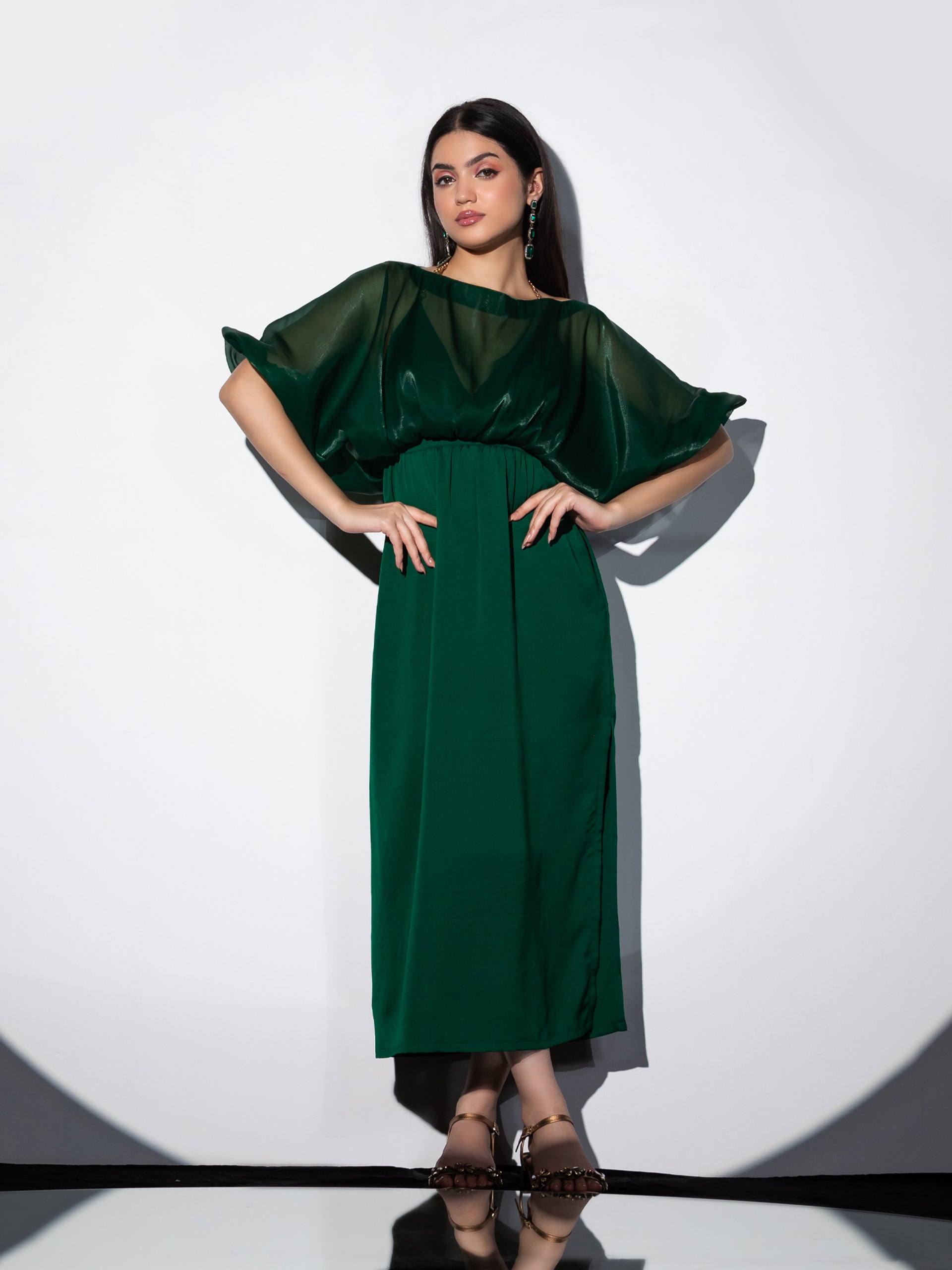 Women's Metal Strap Korean Emerald Dress Set with Satin Organza Cape 2 Piece Set | A-Line, V Neck, Sleeveless, Partywear, (Satin Organza)