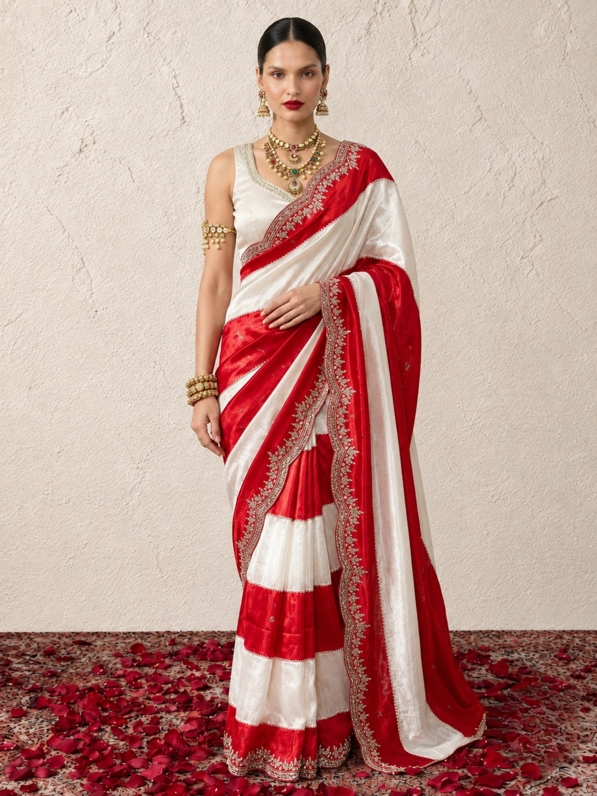 Red and Cream Striped Metallic Satin Hand Beaded Saree with Matching Beaded Blouse Fabric