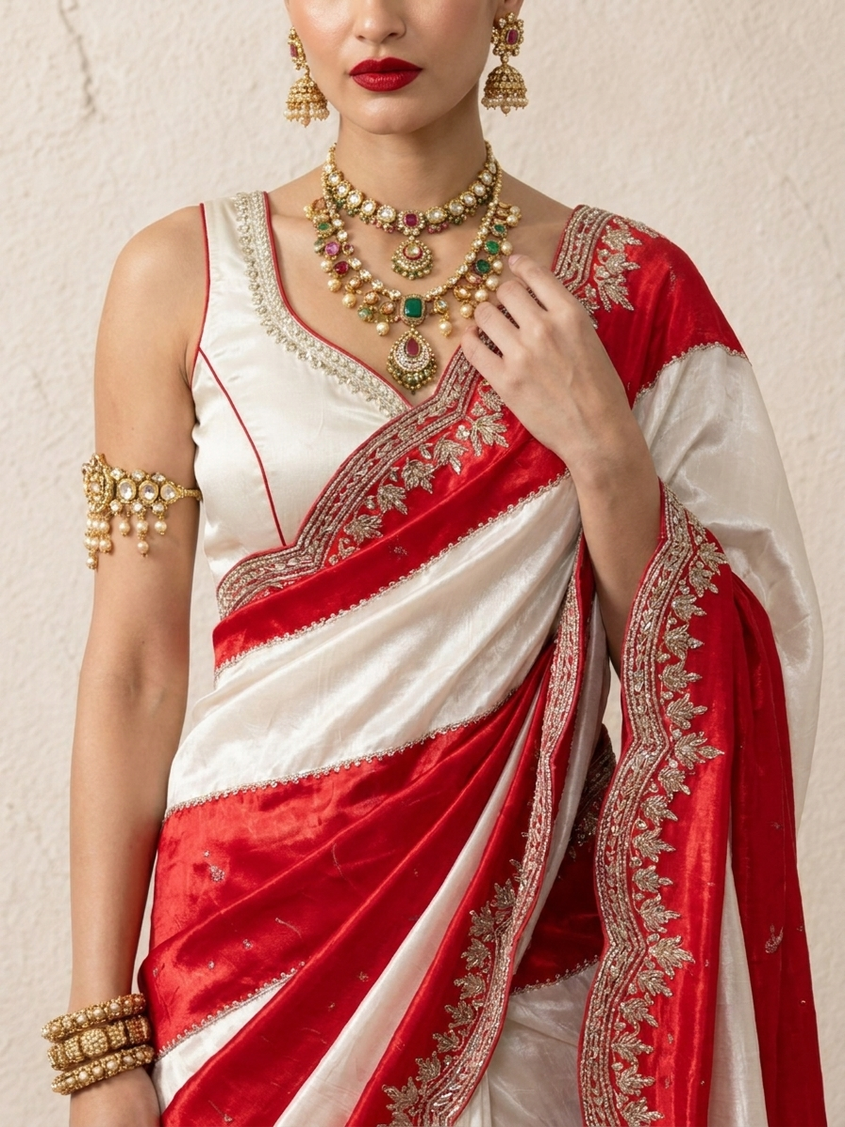 Red and Cream Striped Metallic Satin Hand Beaded Saree with Matching Beaded Blouse Fabric