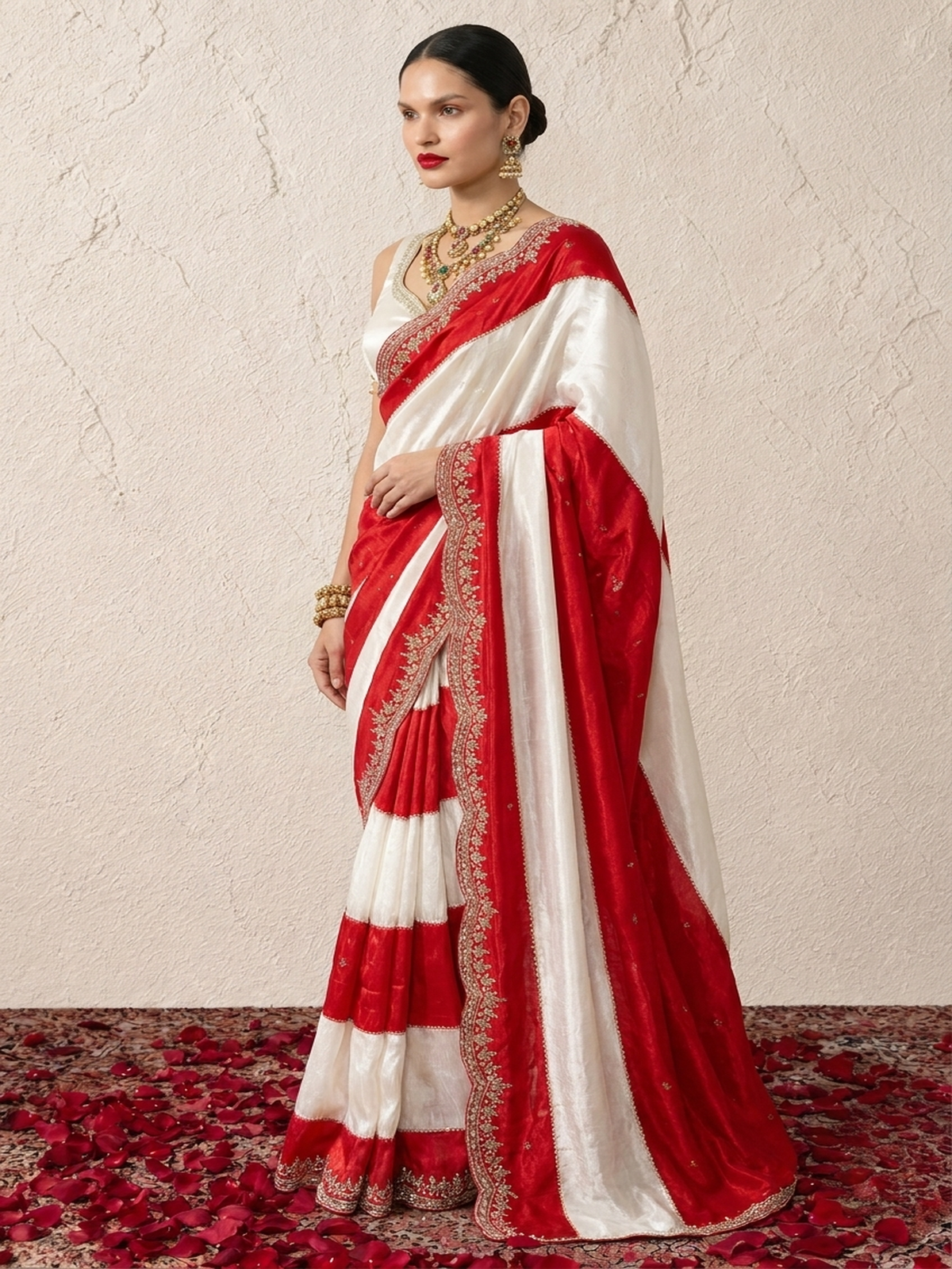 Red and Cream Striped Metallic Satin Hand Beaded Saree with Matching Beaded Blouse Fabric
