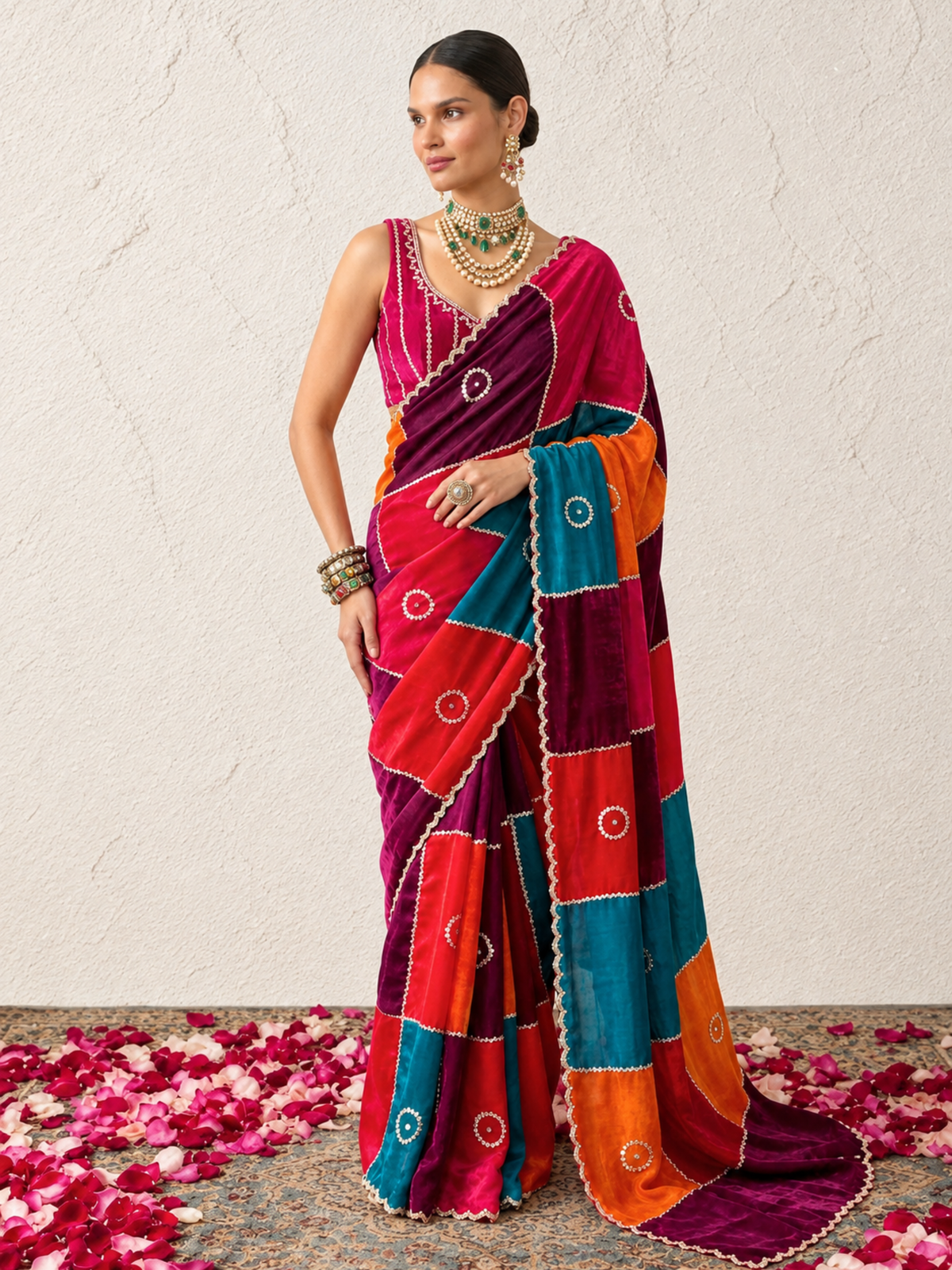 Multi Patch Metallic Satin Scalloped Hand Beaded Cut Dana Saree with Beaded Blouse Fabric