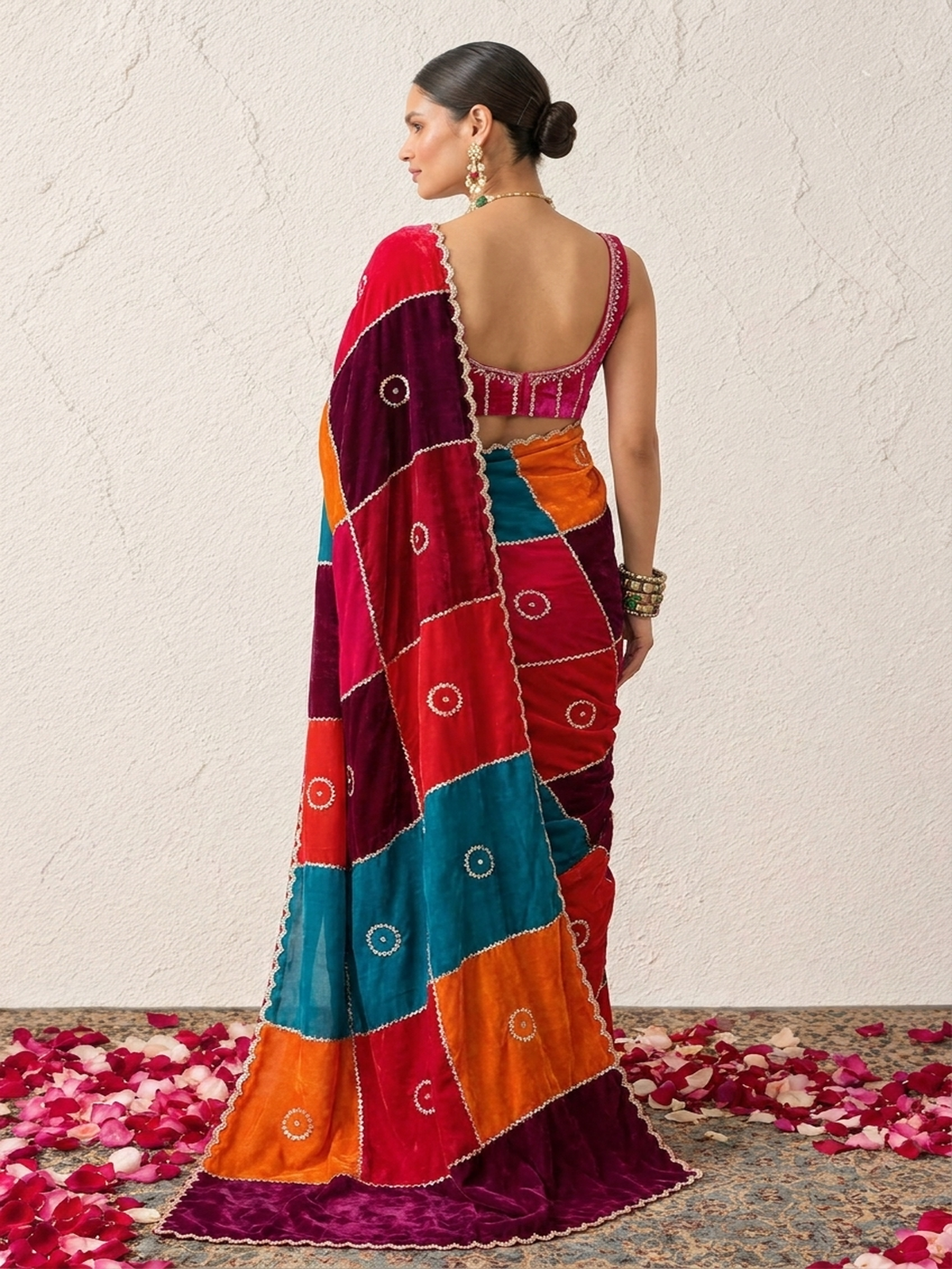 Multi Patch Metallic Satin Scalloped Hand Beaded Cut Dana Saree with Beaded Blouse Fabric