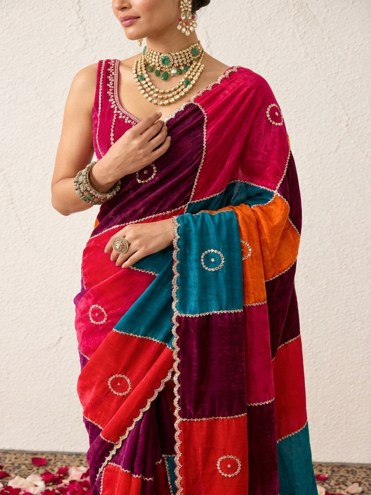 Multi Patch Metallic Satin Scalloped Hand Beaded Cut Dana Saree with Beaded Blouse Fabric