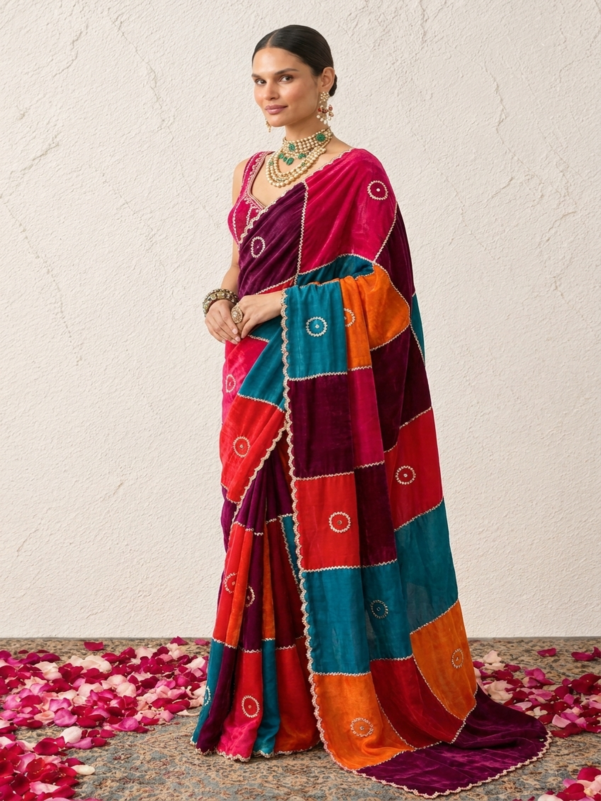 Multi Patch Metallic Satin Scalloped Hand Beaded Cut Dana Saree with Beaded Blouse Fabric