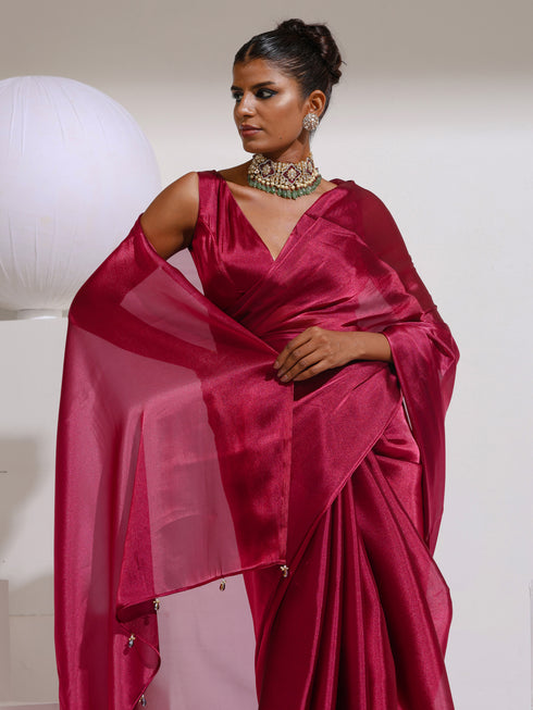 Wine Galaxy Organza Saree with Beads and Self Blouse Fabric