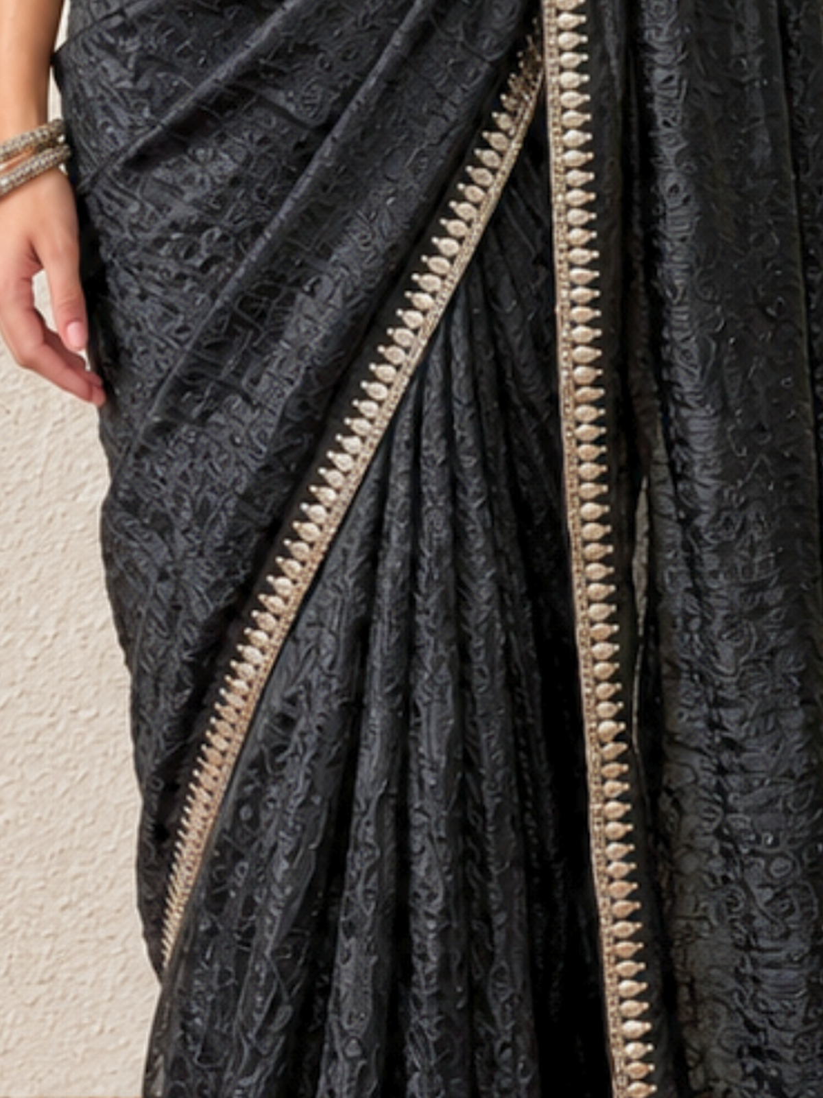 Black Mirror Metallic Satin Hand Beaded Cut Dana Saree with Border and Matching Blouse Fabric