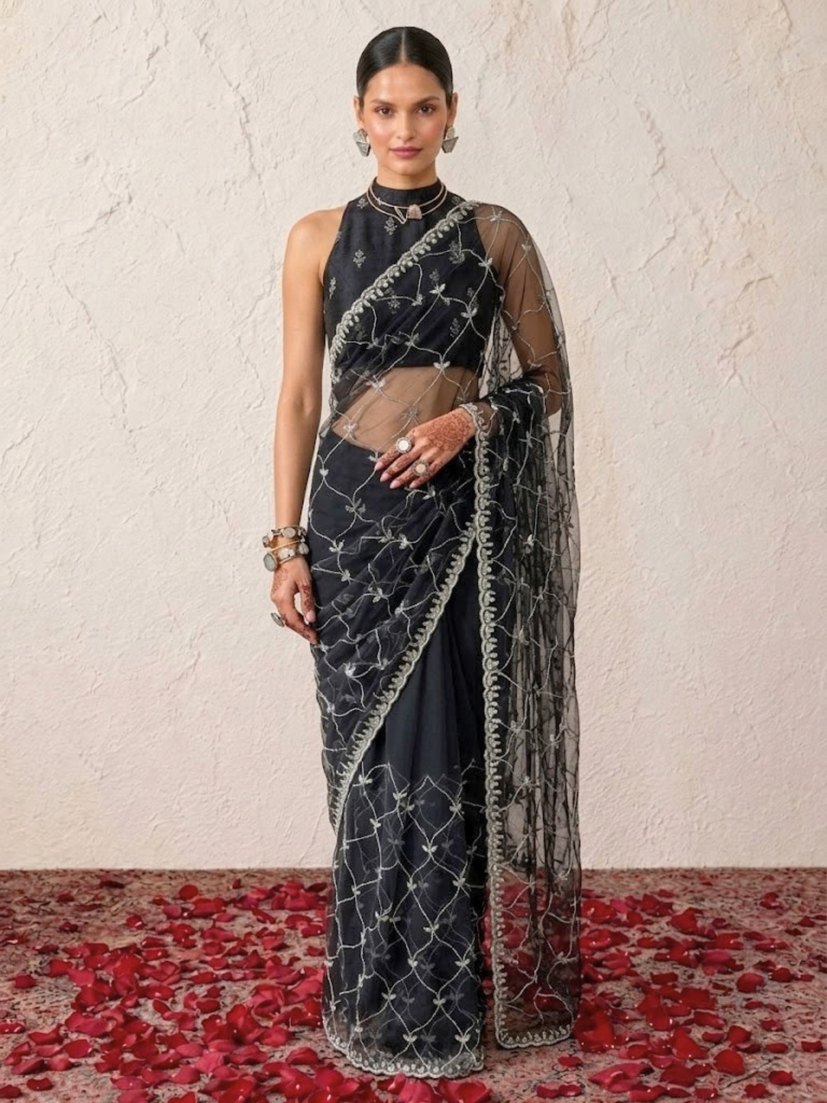 Black Net Scalloped Hand Beaded Cut Dana Saree with Matching Net Blouse Fabric