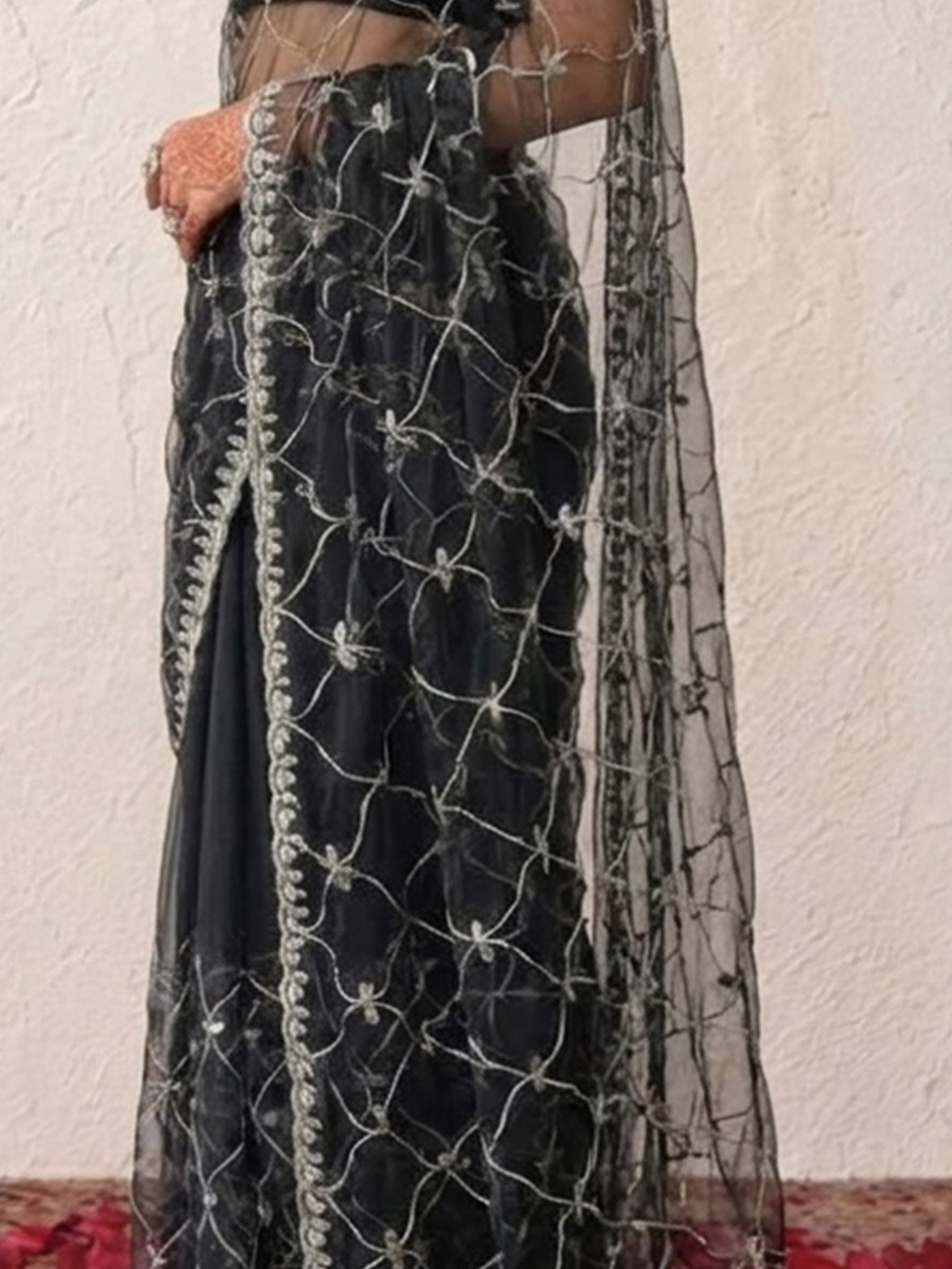 Black Net Scalloped Hand Beaded Cut Dana Saree with Matching Net Blouse Fabric