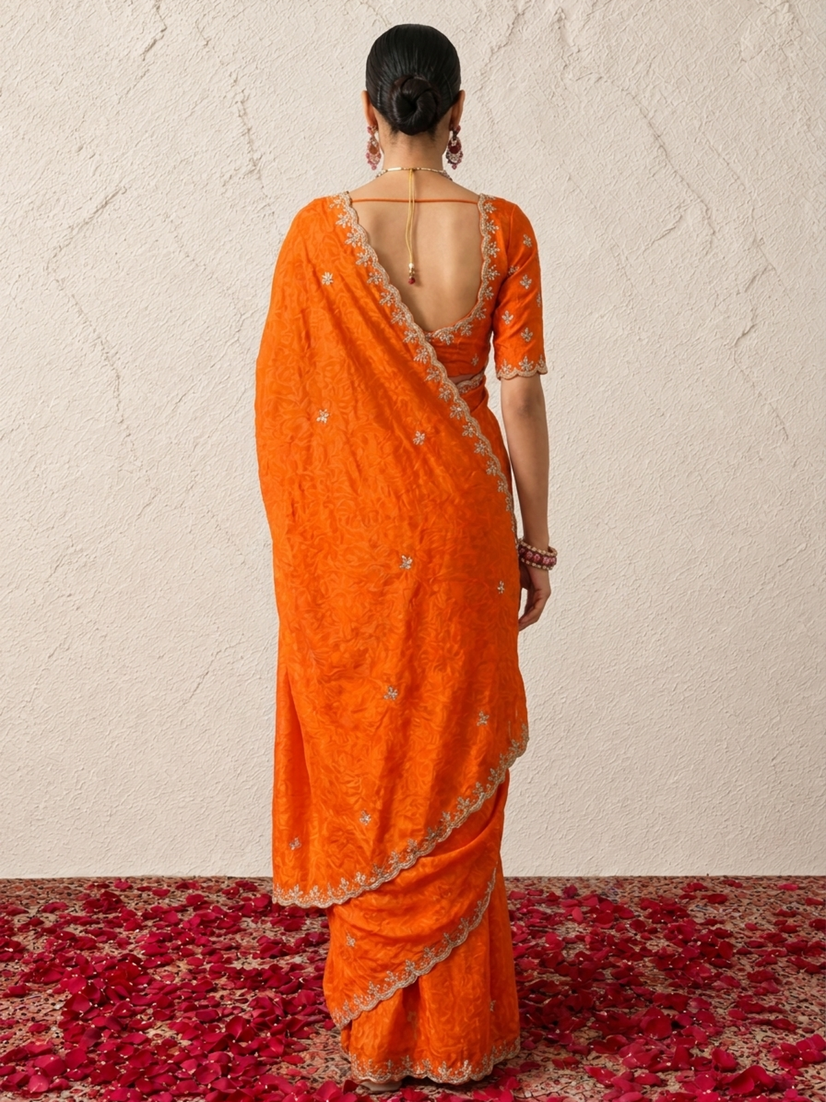 Orange Metallic Satin Scalloped Leaf Hand Beaded Saree with Matching Beaded Blouse Fabric