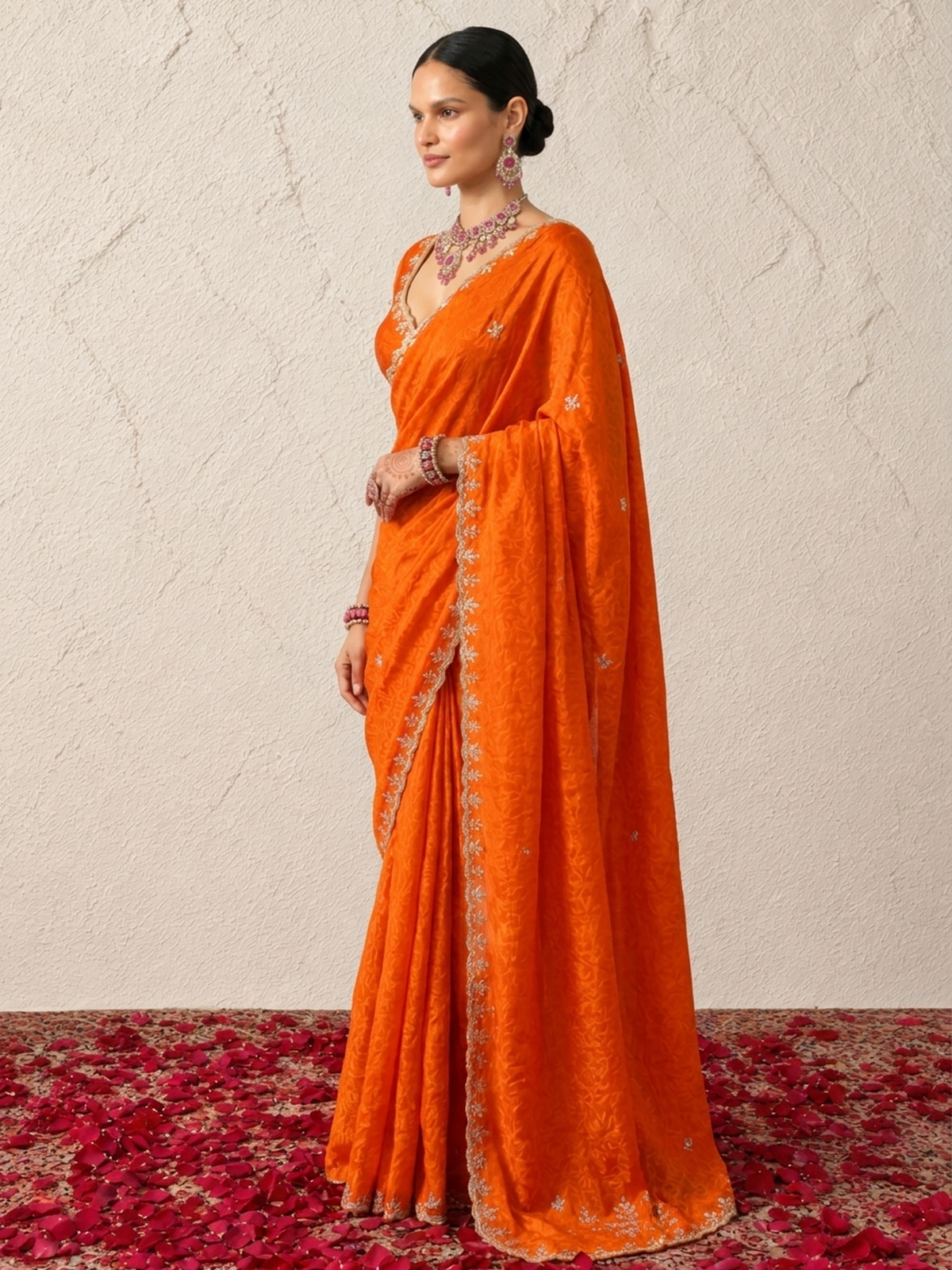 Orange Metallic Satin Scalloped Leaf Hand Beaded Saree with Matching Beaded Blouse Fabric