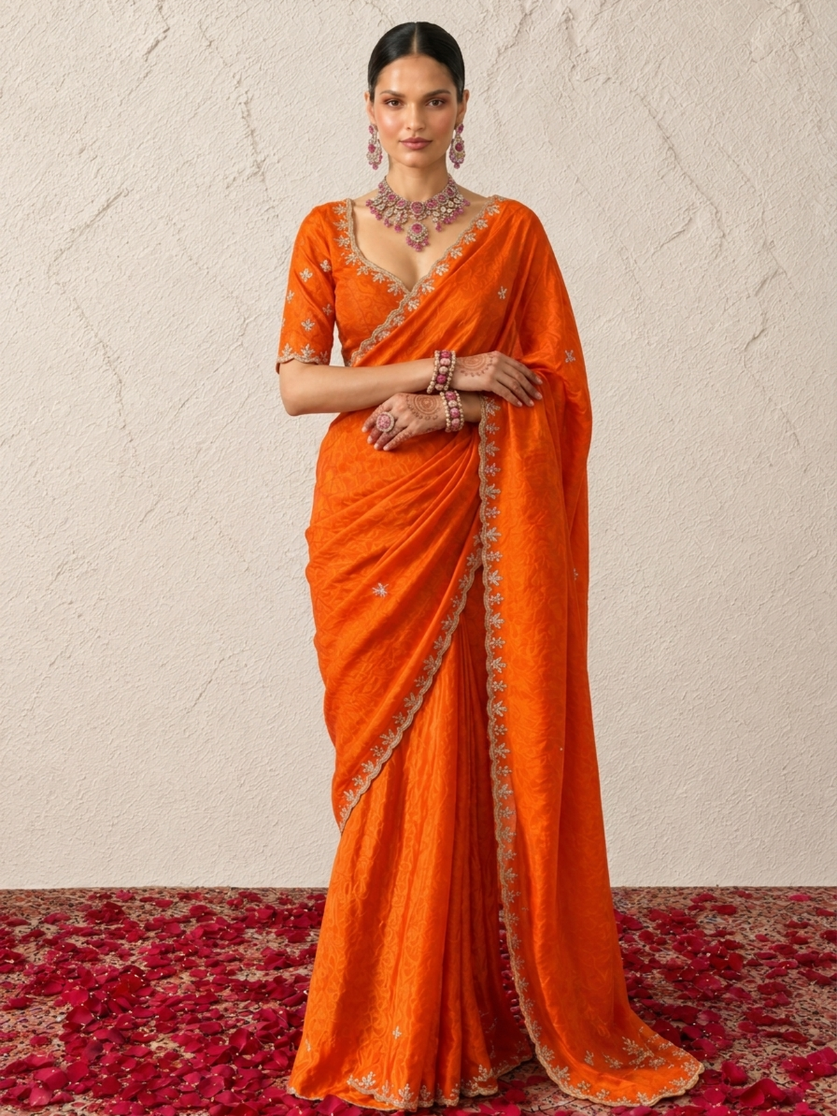 Orange Metallic Satin Scalloped Leaf Hand Beaded Saree with Matching Beaded Blouse Fabric