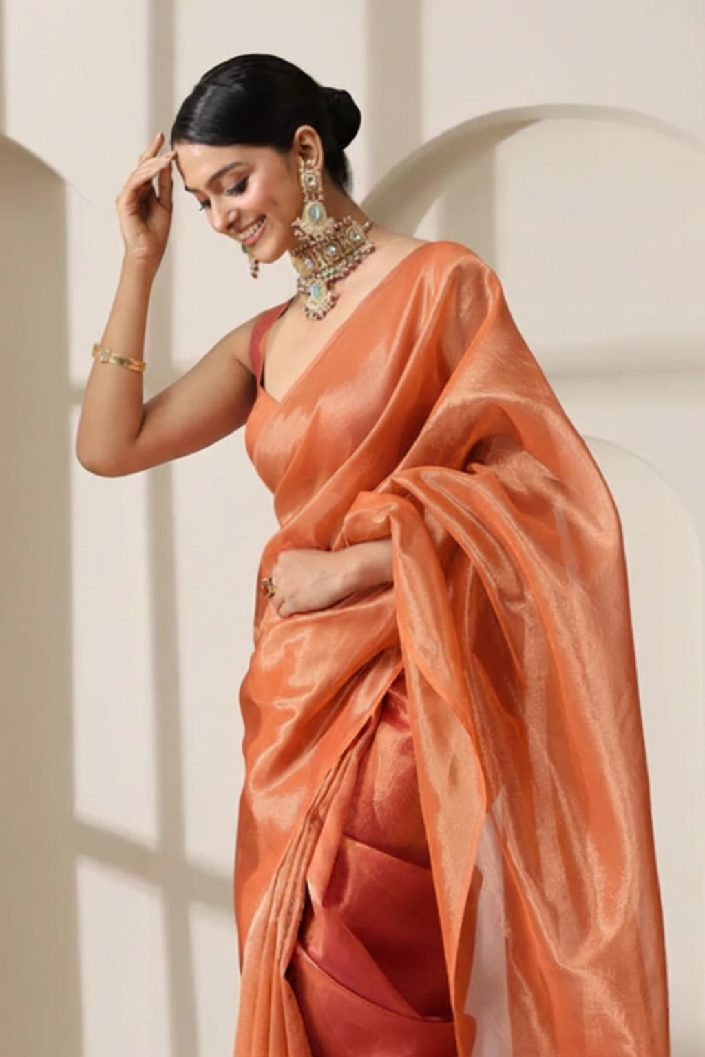 Rani Copper Banarasi Tissue Saree with Blouse Fabric