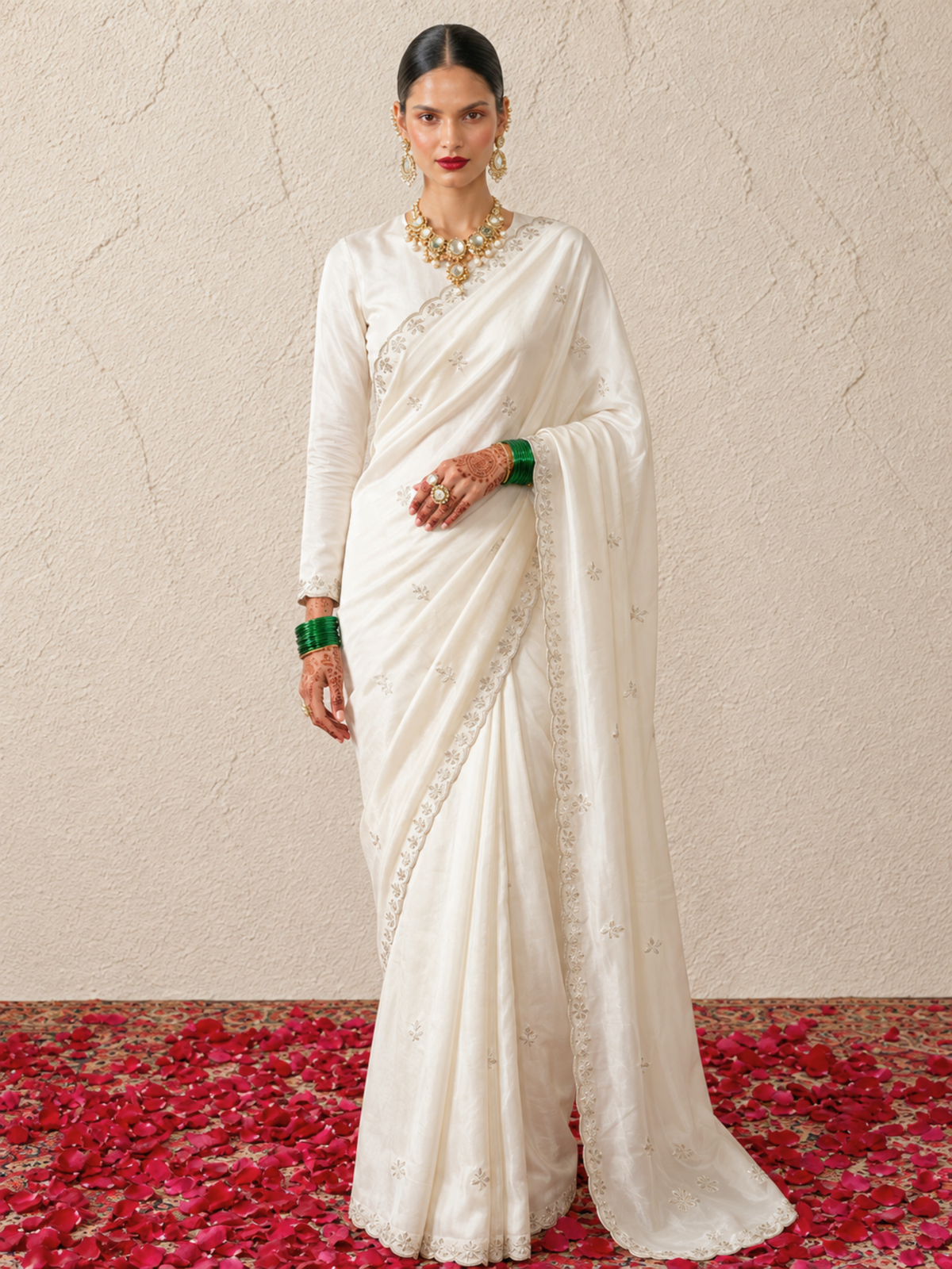 Cream Organza Scalloped Hand Cut Dana Saree with Matching Beaded Blouse Fabric
