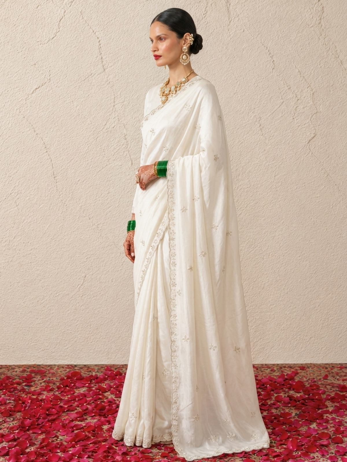 Cream Organza Scalloped Hand Cut Dana Saree with Matching Beaded Blouse Fabric