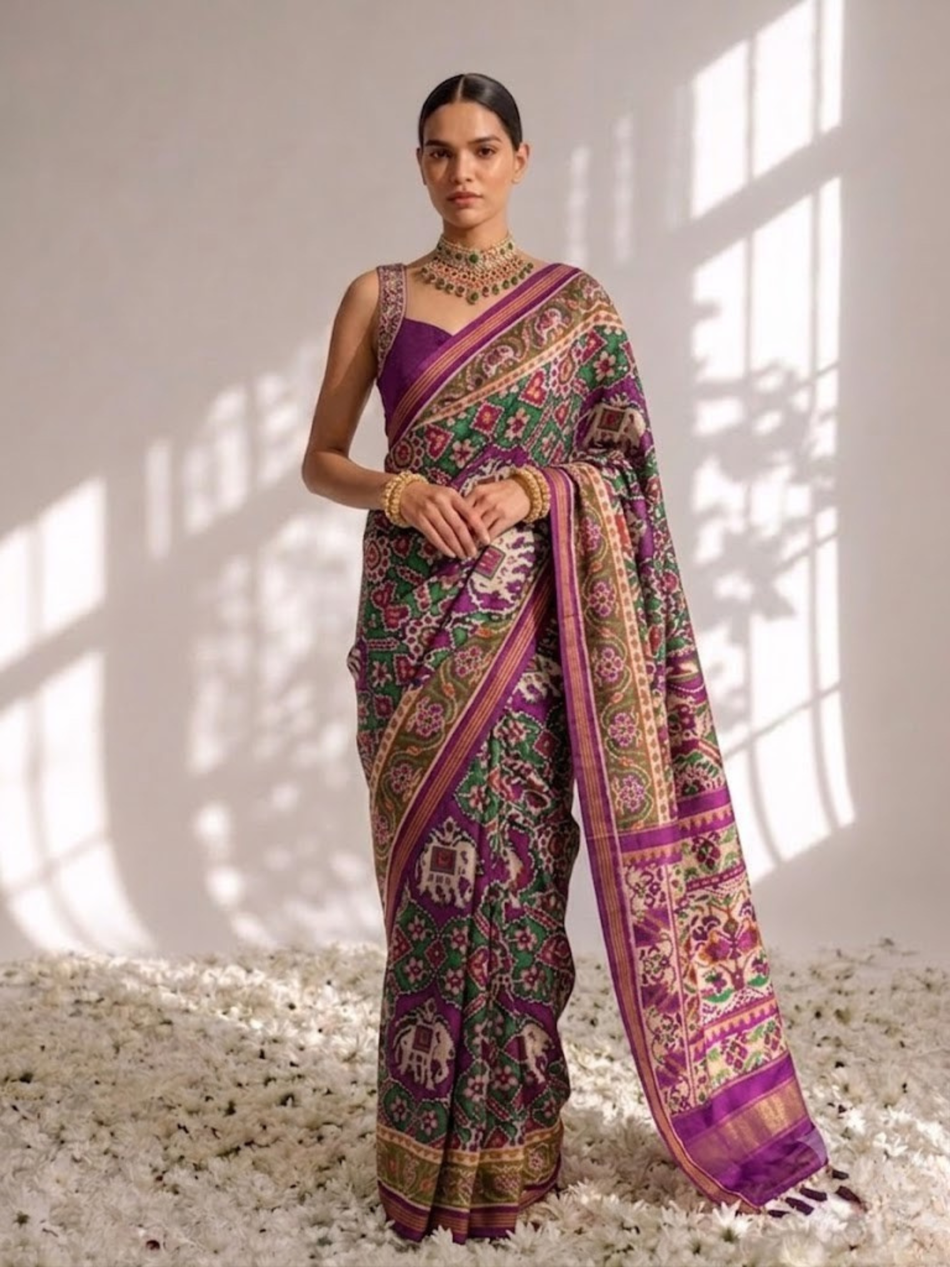 Purple Silk Patola Saree with Self Blouse Fabric