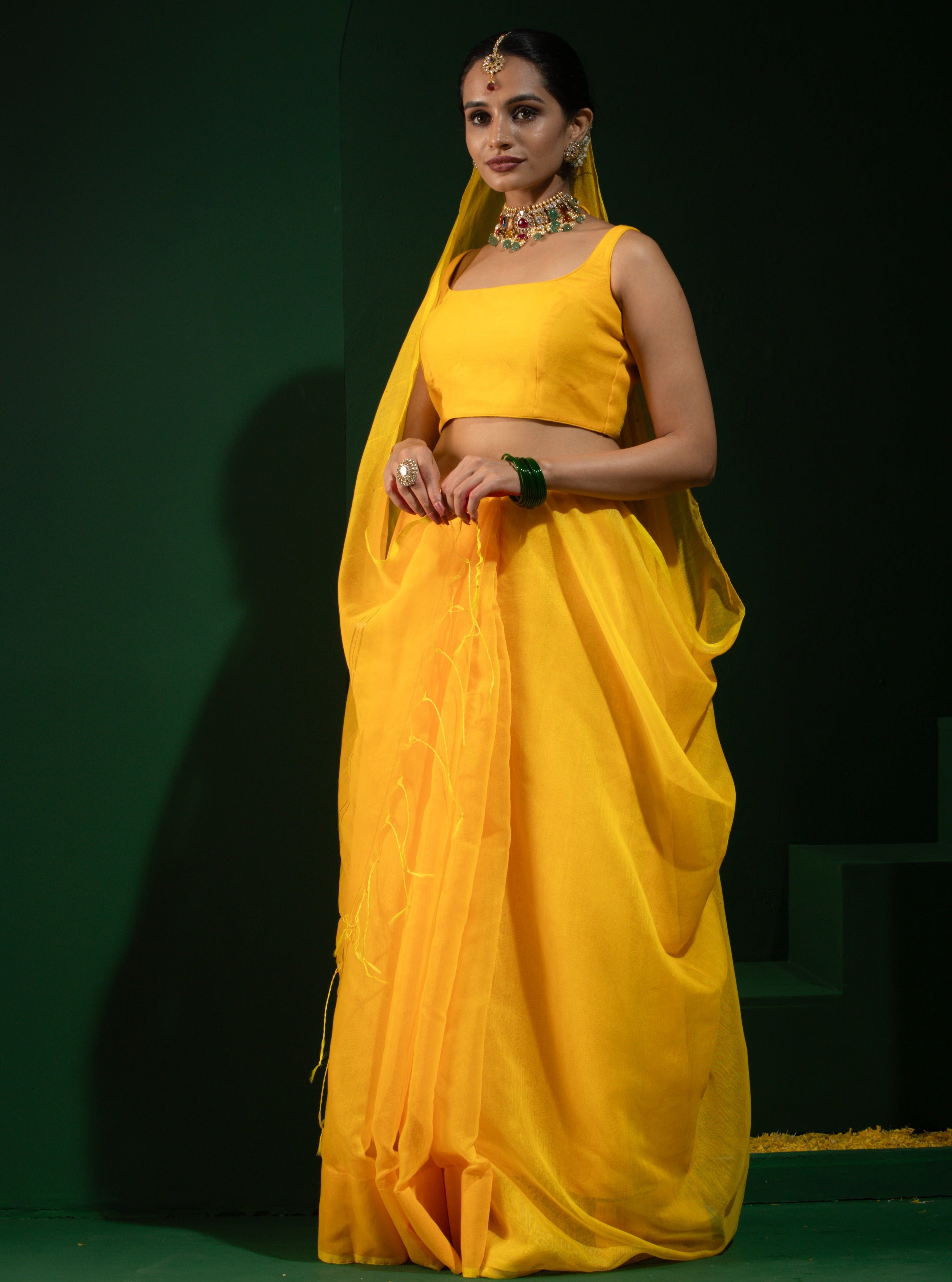 Yellow Sequin Cotton Saree With Blouse Fabric