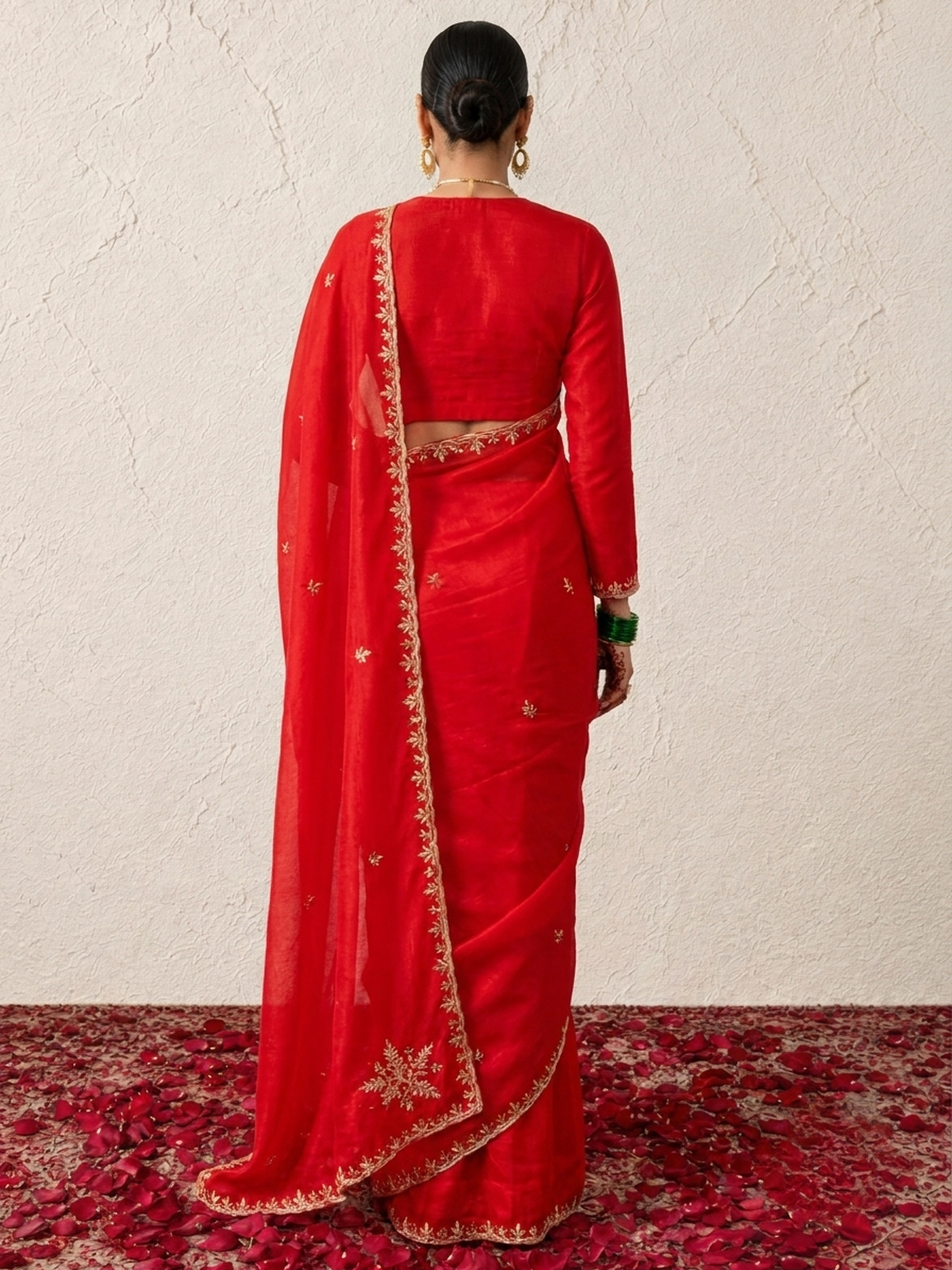 Red and Pink Metallic Satin Scalloped Leaf Hand Beaded Saree with Matching Beaded Blouse Fabric