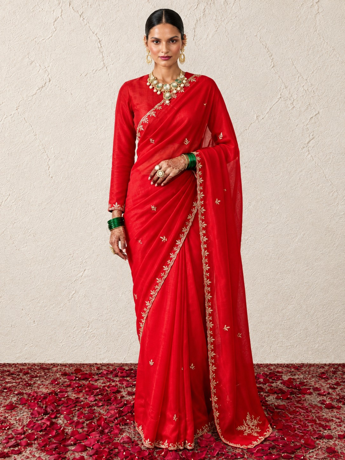 Red and Pink Metallic Satin Scalloped Leaf Hand Beaded Saree with Matching Beaded Blouse Fabric