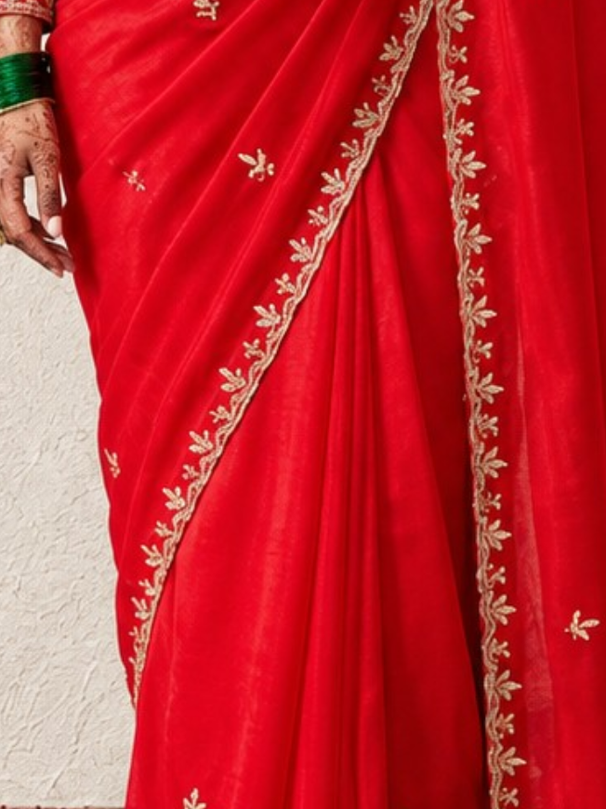 Red and Pink Metallic Satin Scalloped Leaf Hand Beaded Saree with Matching Beaded Blouse Fabric