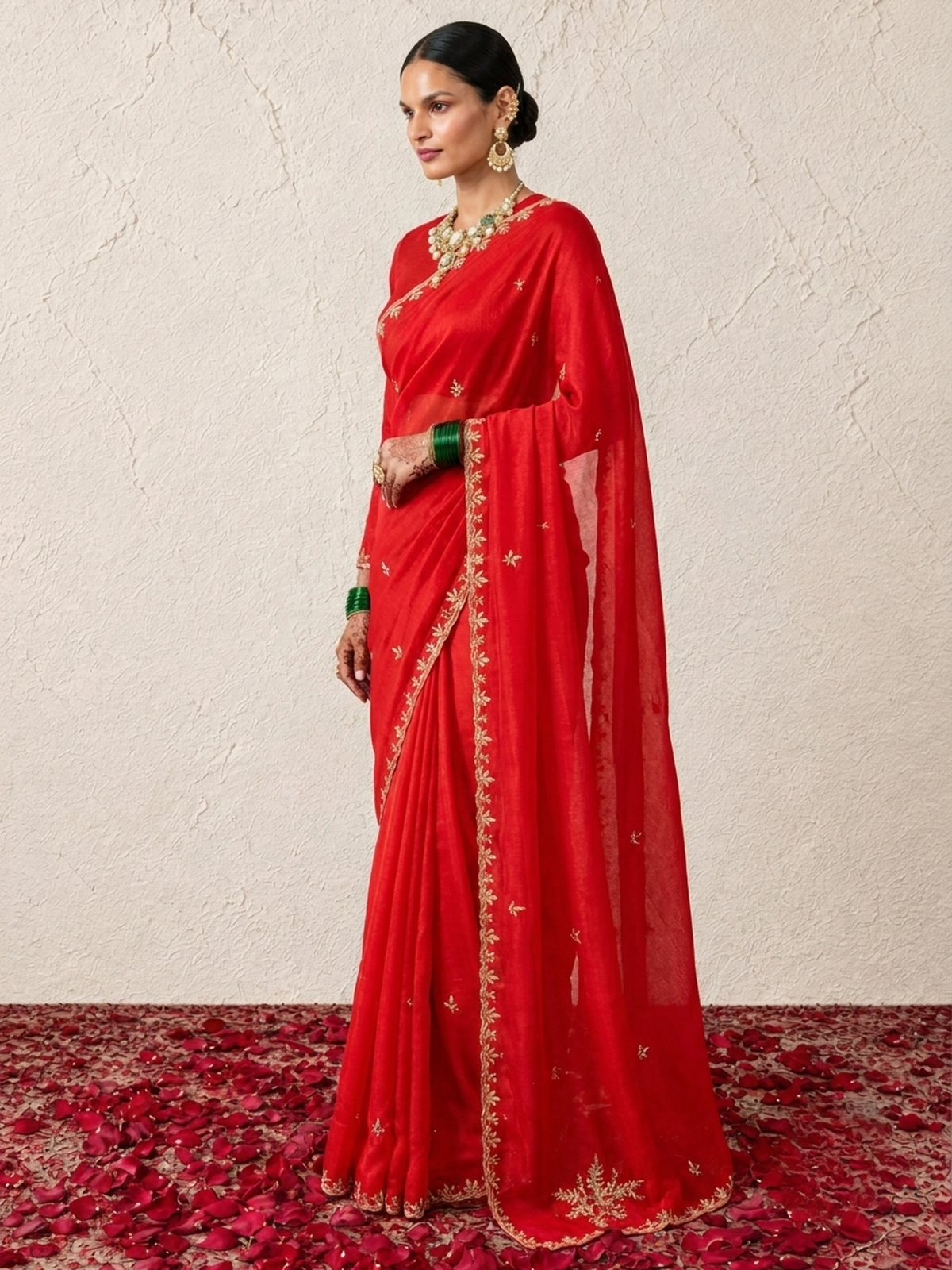 Red and Pink Metallic Satin Scalloped Leaf Hand Beaded Saree with Matching Beaded Blouse Fabric