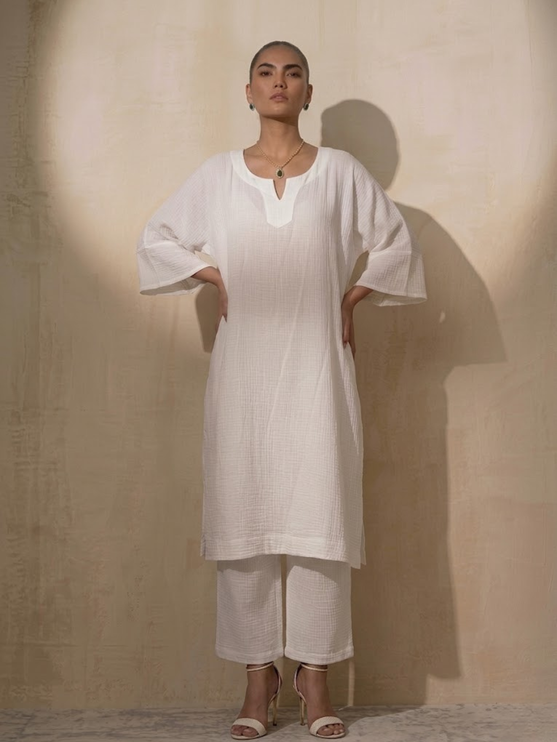 2 pc Set - White Easy Addictive Travel Airflow Kurta and Pant Set