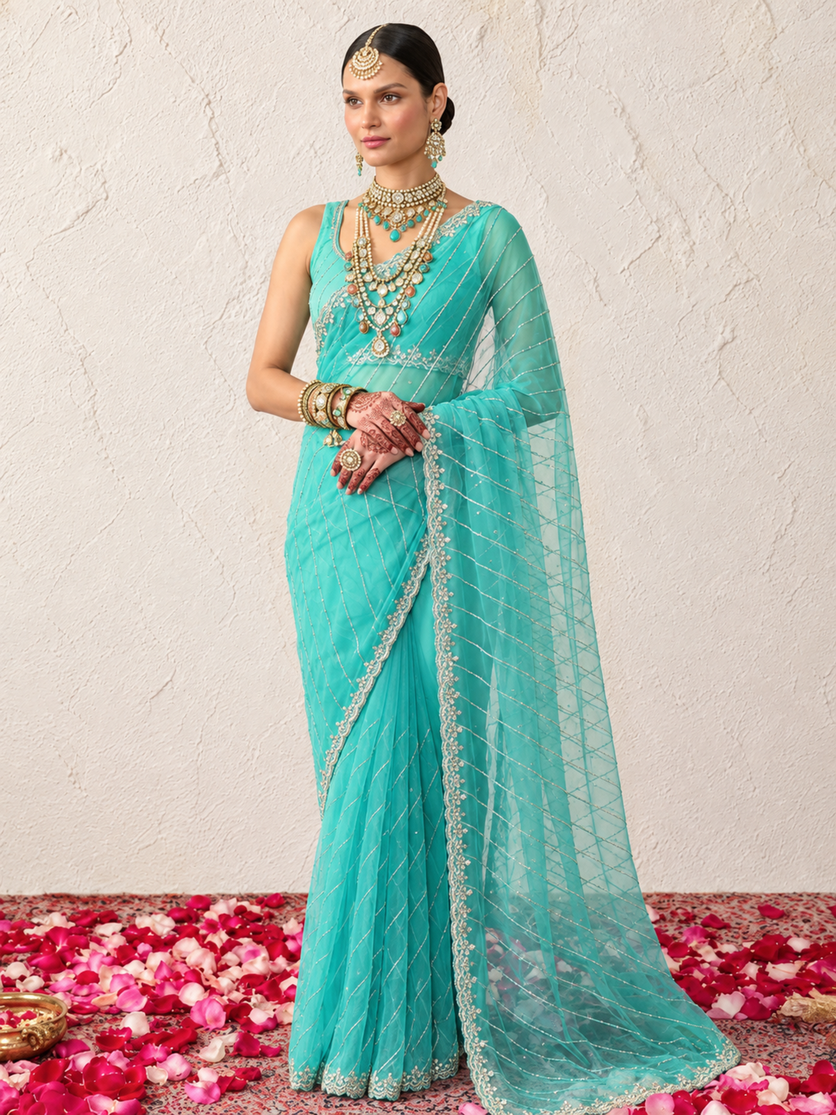 Aqua Net Scalloped Hand Beaded Cut Dana Saree with Matching Beaded Blouse Fabric