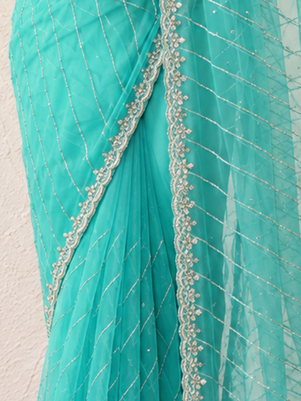 Aqua Net Scalloped Hand Beaded Cut Dana Saree with Matching Beaded Blouse Fabric