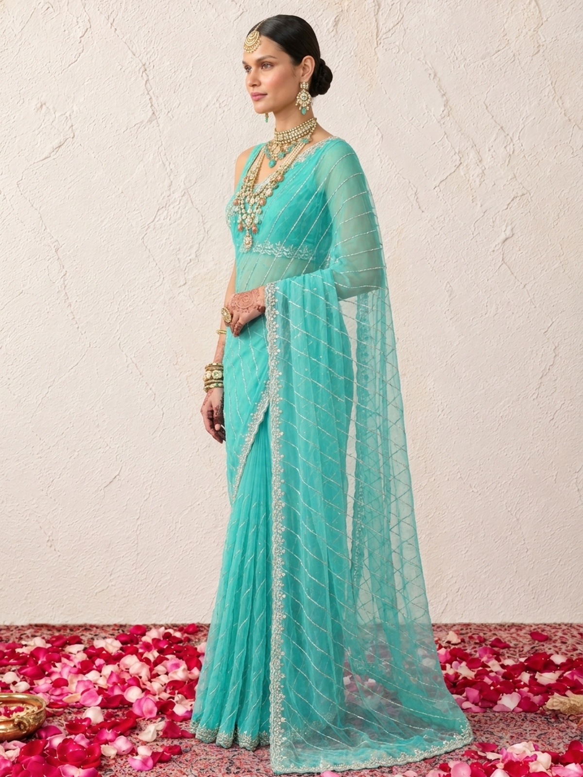 Aqua Net Scalloped Hand Beaded Cut Dana Saree with Matching Beaded Blouse Fabric