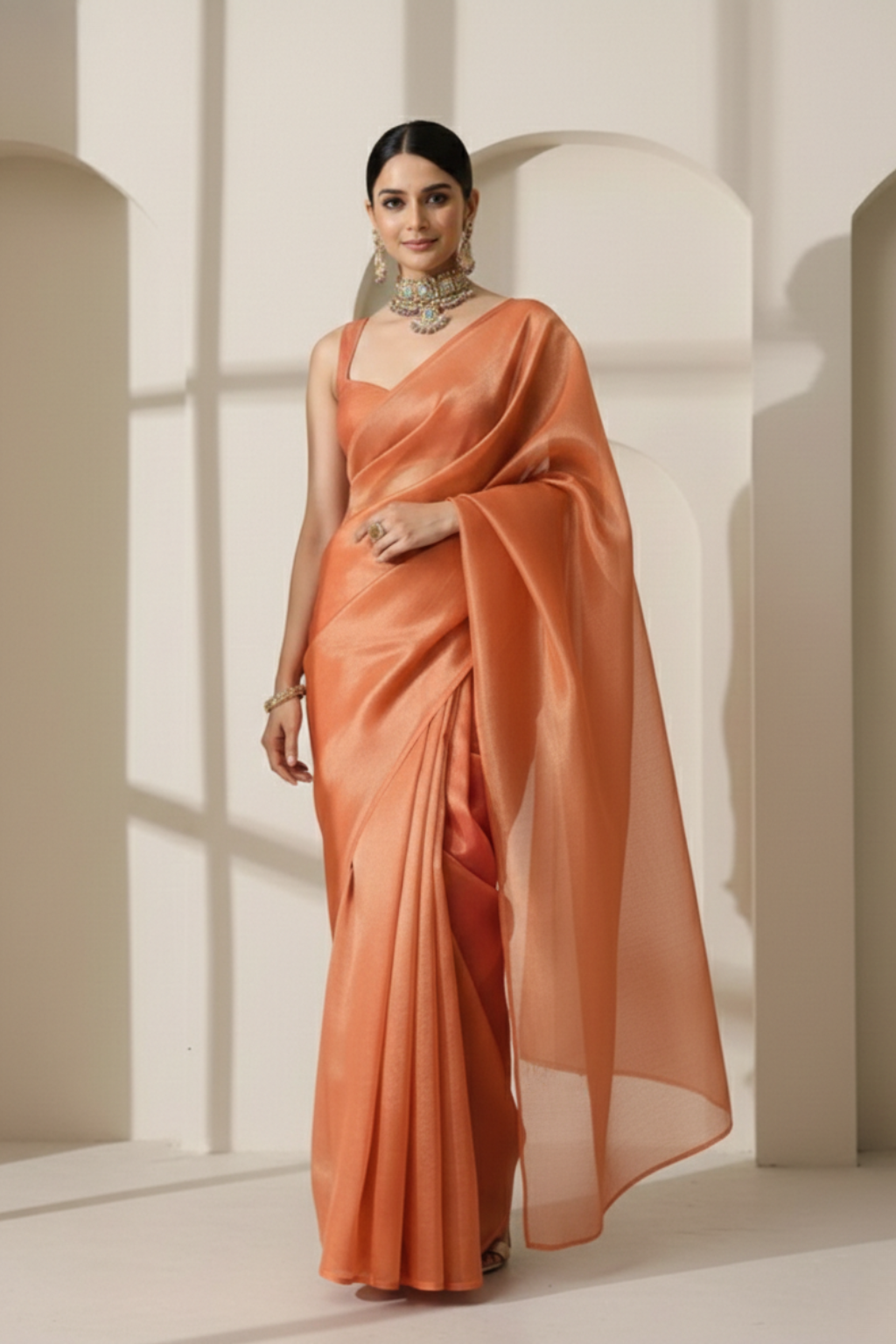 Rani Copper Banarasi Tissue Saree with Blouse Fabric