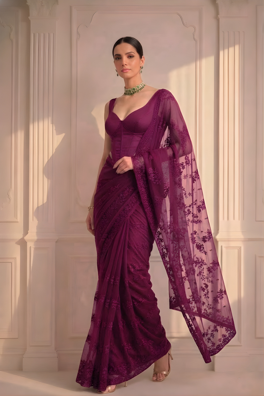Wine Stripe Lace Saree with Sequin and Blouse Fabric