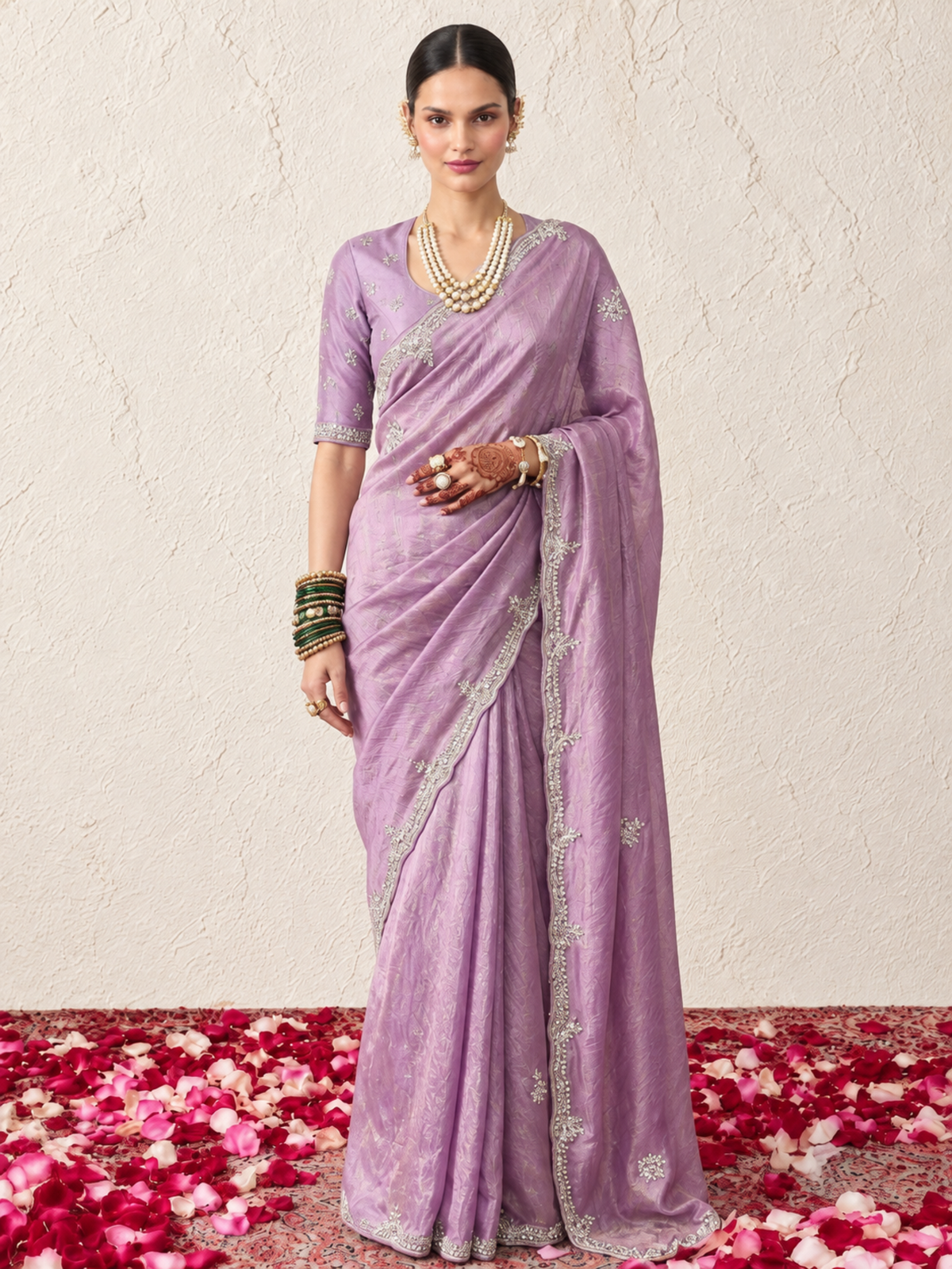 Lilac Metallic Satin Hand Beaded Cut Dana Saree with Beaded Long Sleeve Matching Blouse Fabric