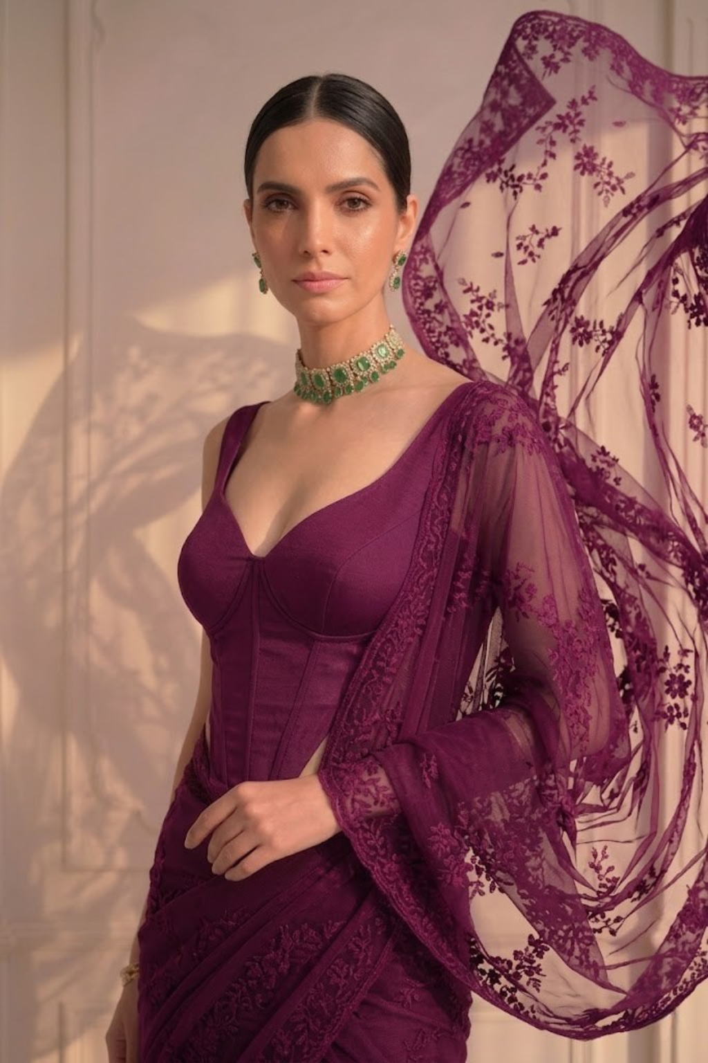 Wine Stripe Lace Saree with Sequin and Blouse Fabric