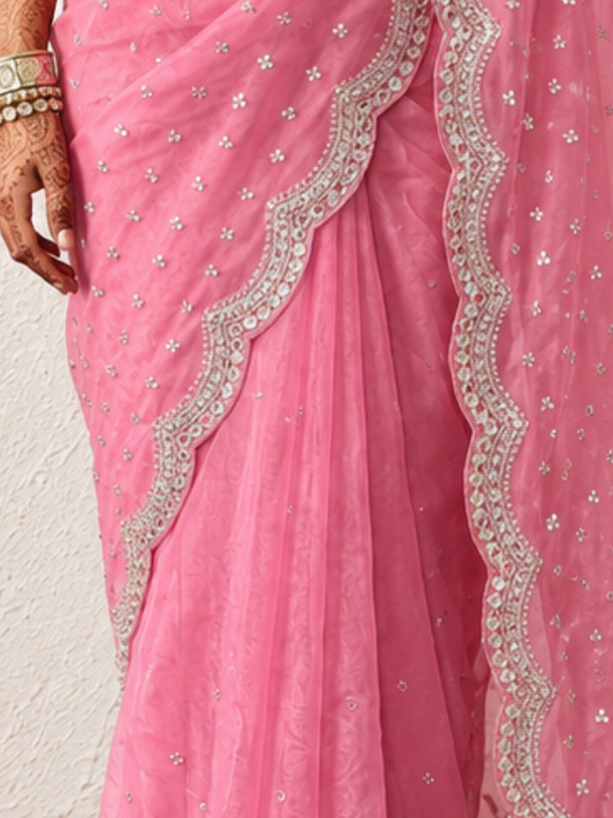 Pink Magic Metallic Chiffon Mirror Scalloped Hand Beaded Saree with Matching Beaded Blouse Fabric