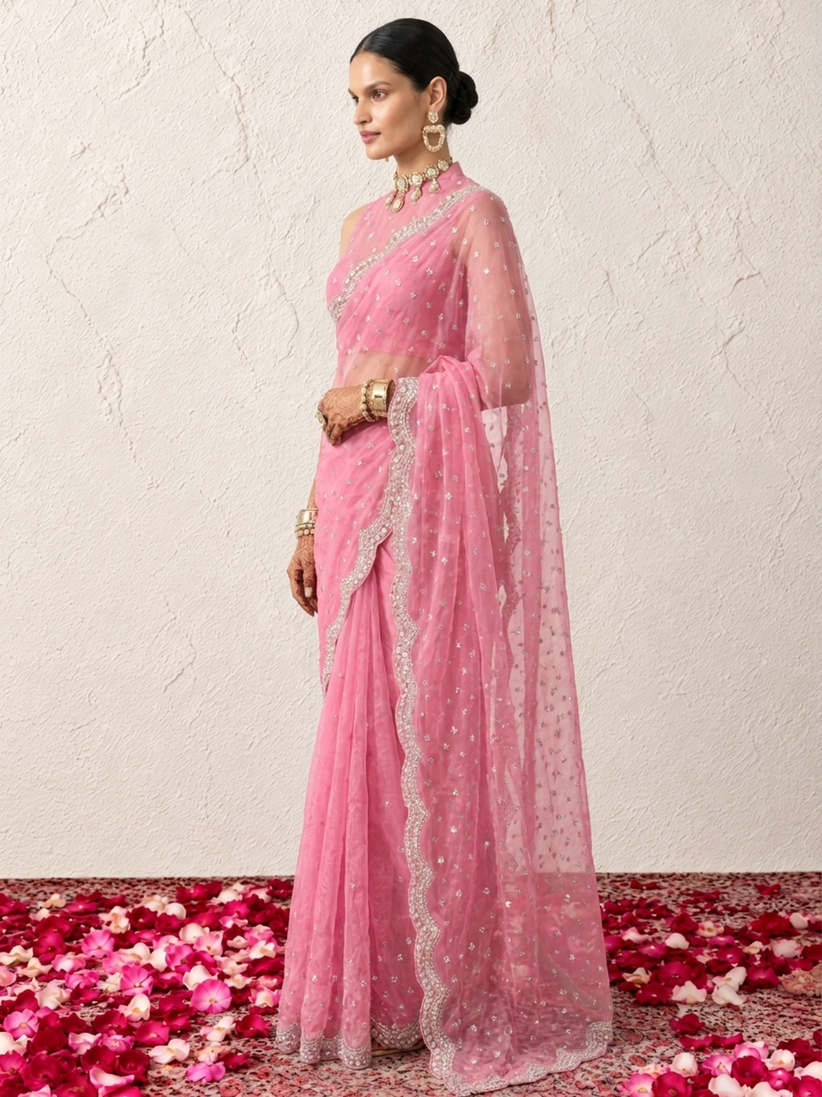Pink Magic Metallic Chiffon Mirror Scalloped Hand Beaded Saree with Matching Beaded Blouse Fabric