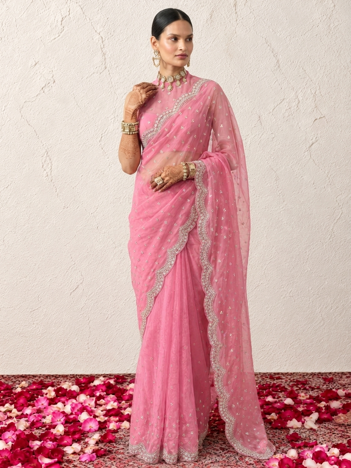 Pink Magic Metallic Chiffon Mirror Scalloped Hand Beaded Saree with Matching Beaded Blouse Fabric