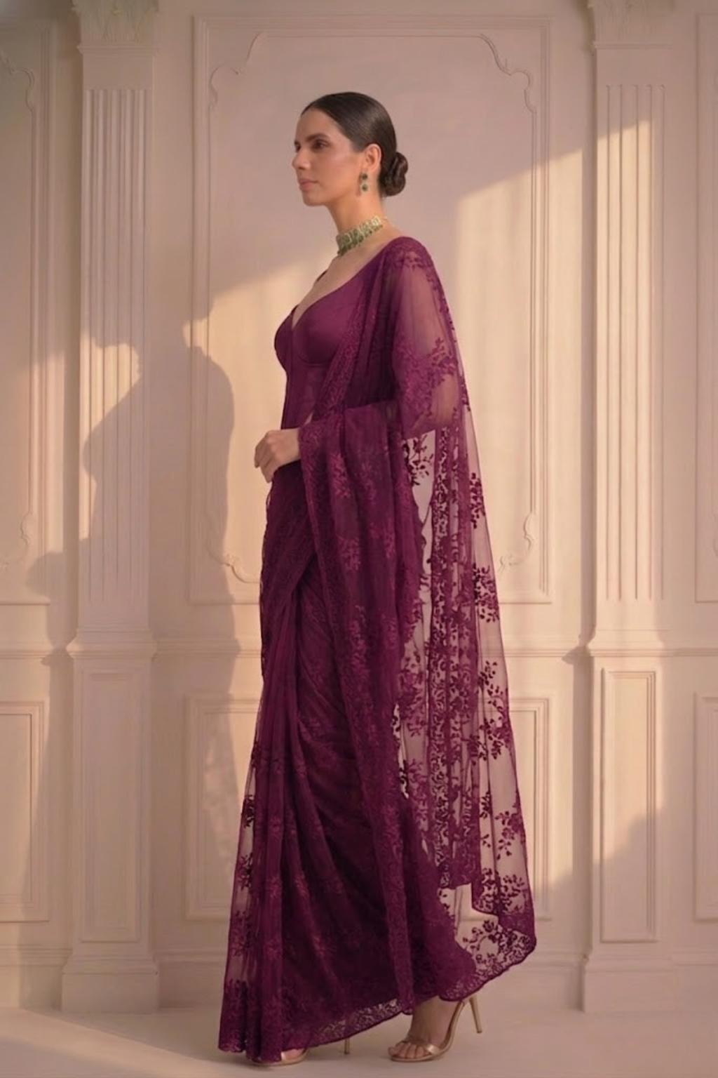 Wine Stripe Lace Saree with Sequin and Blouse Fabric