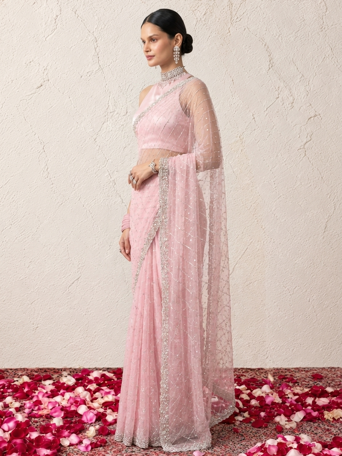 Pink Net Scalloped Hand Beaded Cut Dana Saree with Matching Beaded Blouse Fabric