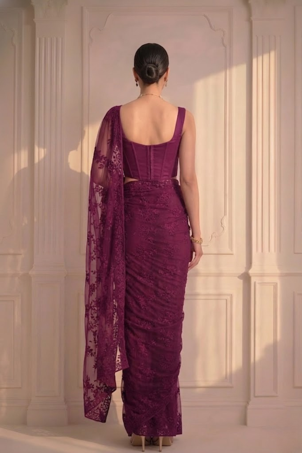 Wine Stripe Lace Saree with Sequin and Blouse Fabric