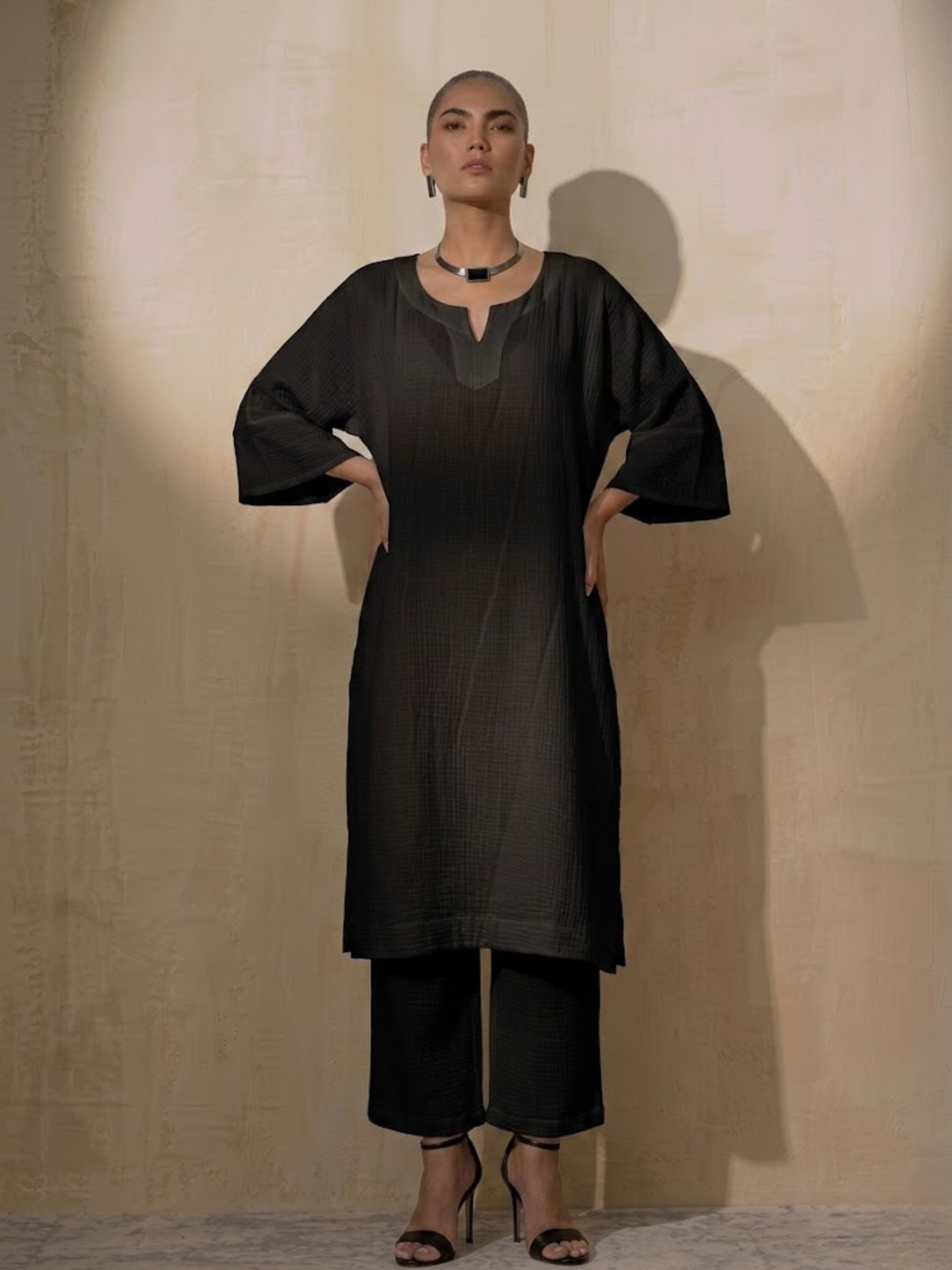 2 pc Set - Black Easy Addictive Travel Airflow Kurta and Pant Set