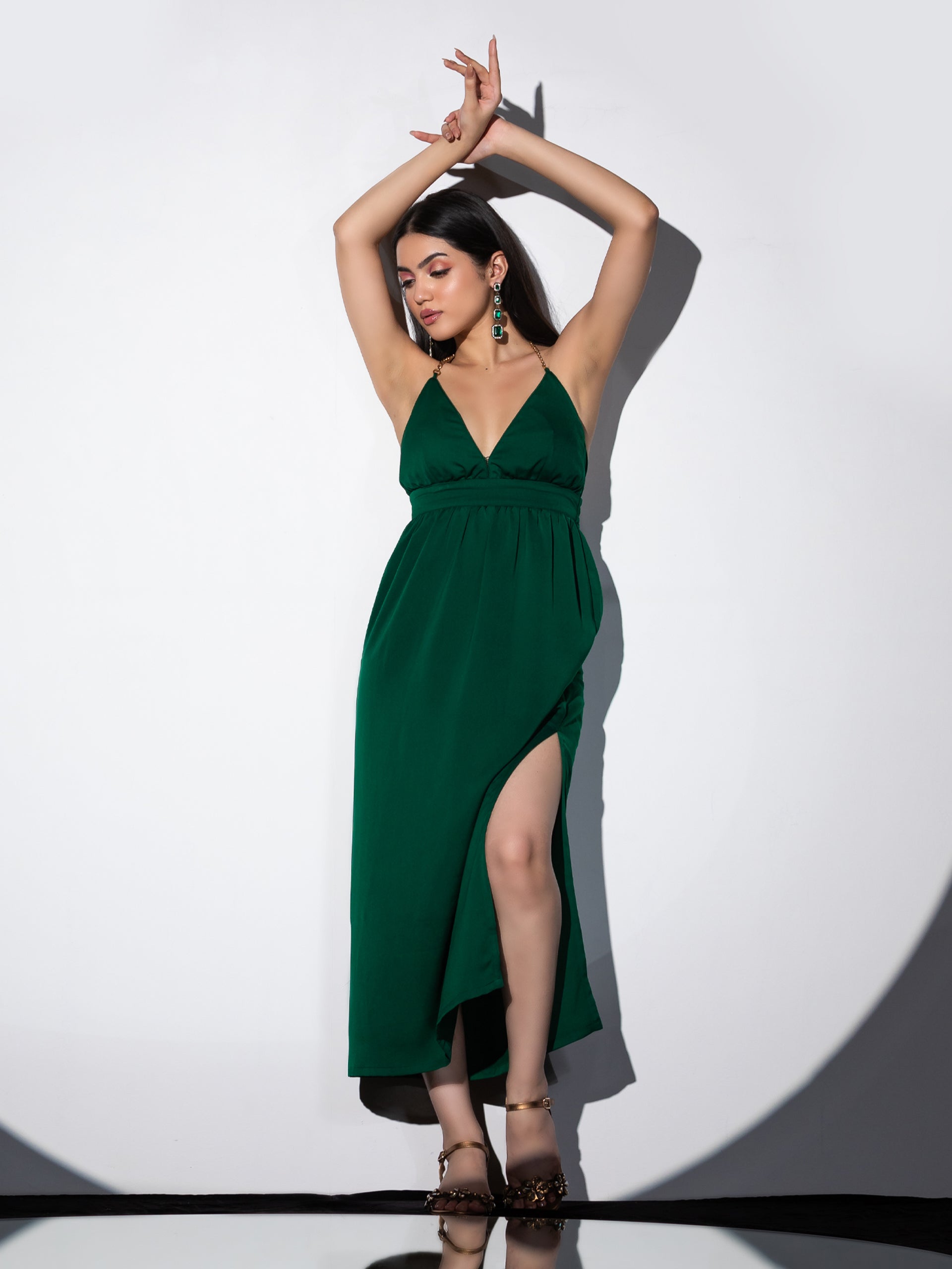 Women's Metal Strap Korean Emerald Dress Set with Satin Organza Cape 2 Piece Set | A-Line, V Neck, Sleeveless, Partywear, (Satin Organza)