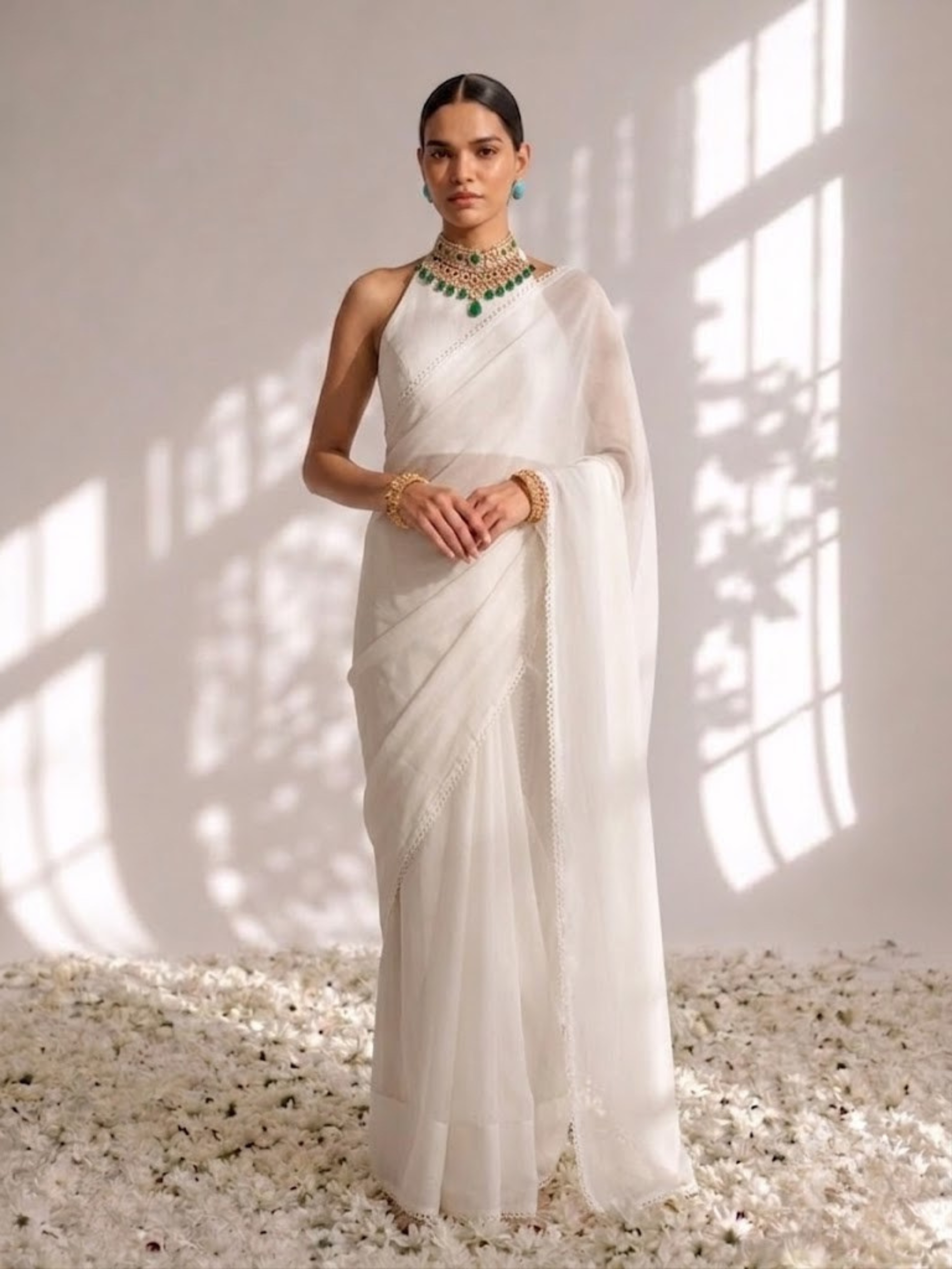 White Chiffon Saree with Lace and Blouse Fabric