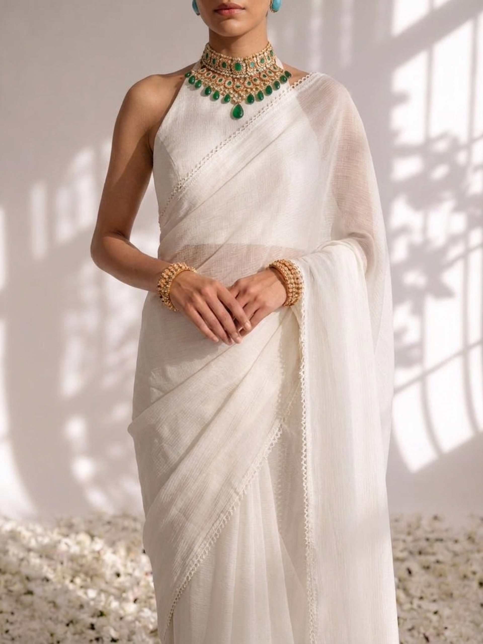 White Chiffon Saree with Lace and Blouse Fabric