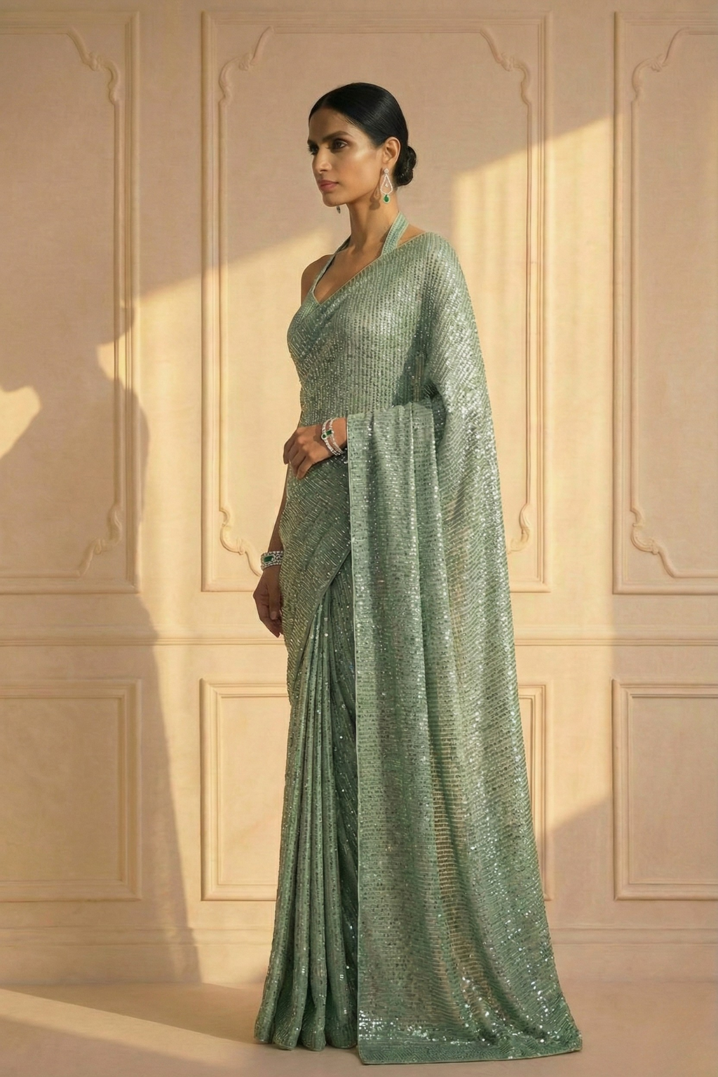 Candy Mint Knitted Sequin Saree with Blouse Fabric